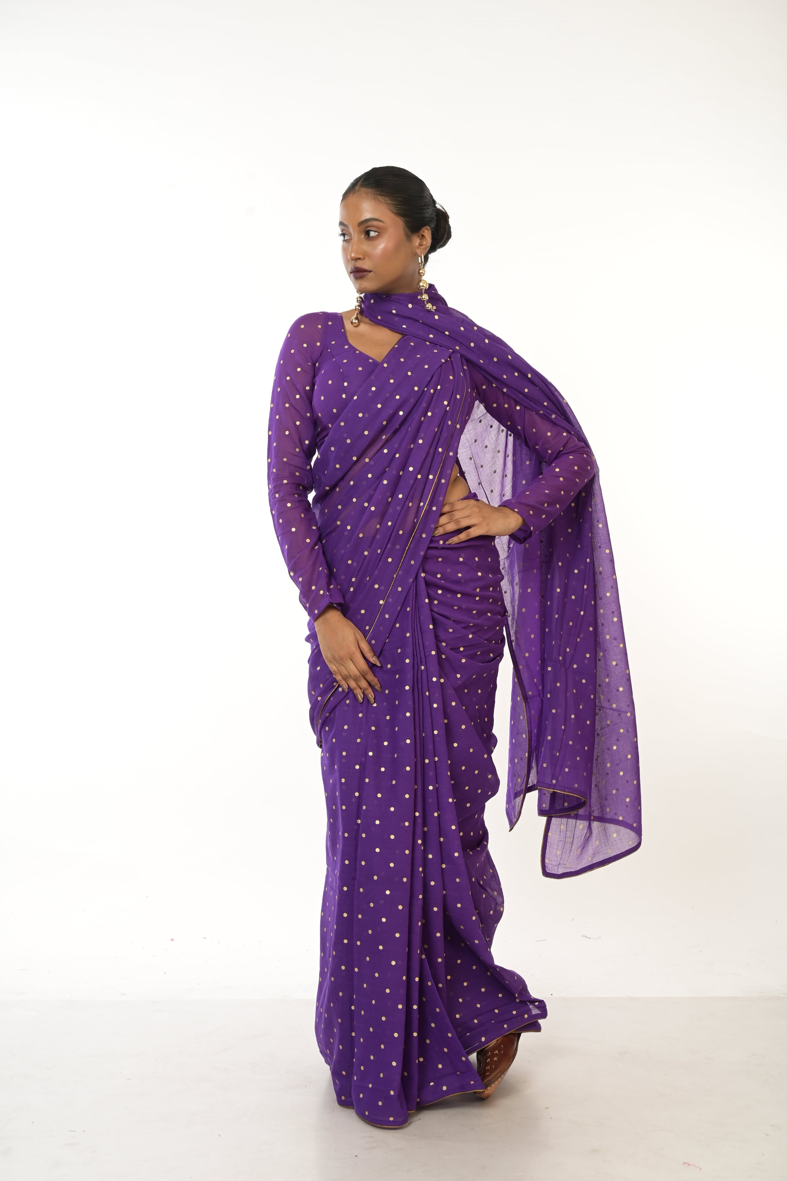 Twilight Specks I Purple Handloom Mul Cotton Metallic Polka Dotted Saree