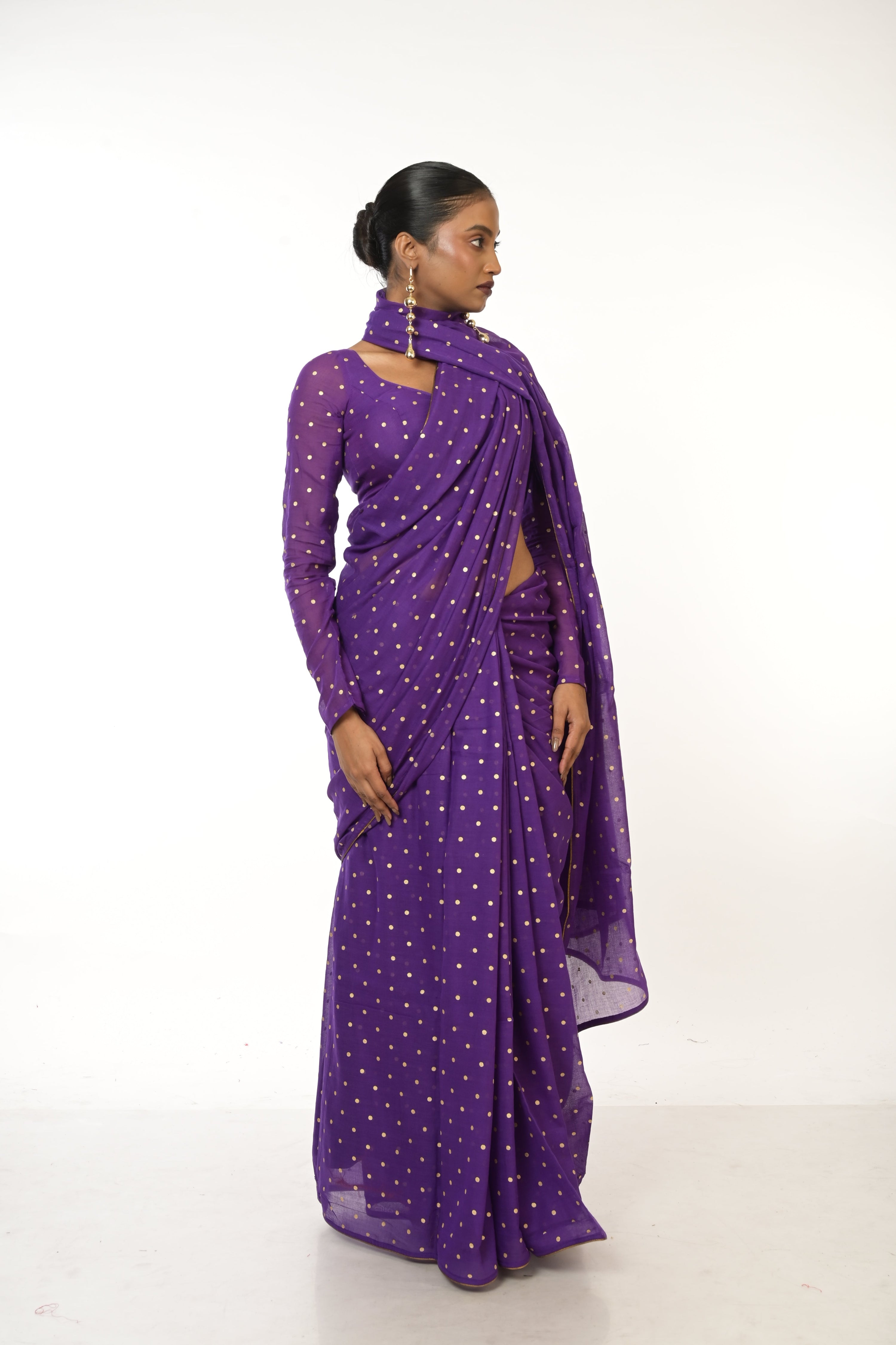 Twilight Specks I Purple Handloom Mul Cotton Metallic Polka Dotted Saree