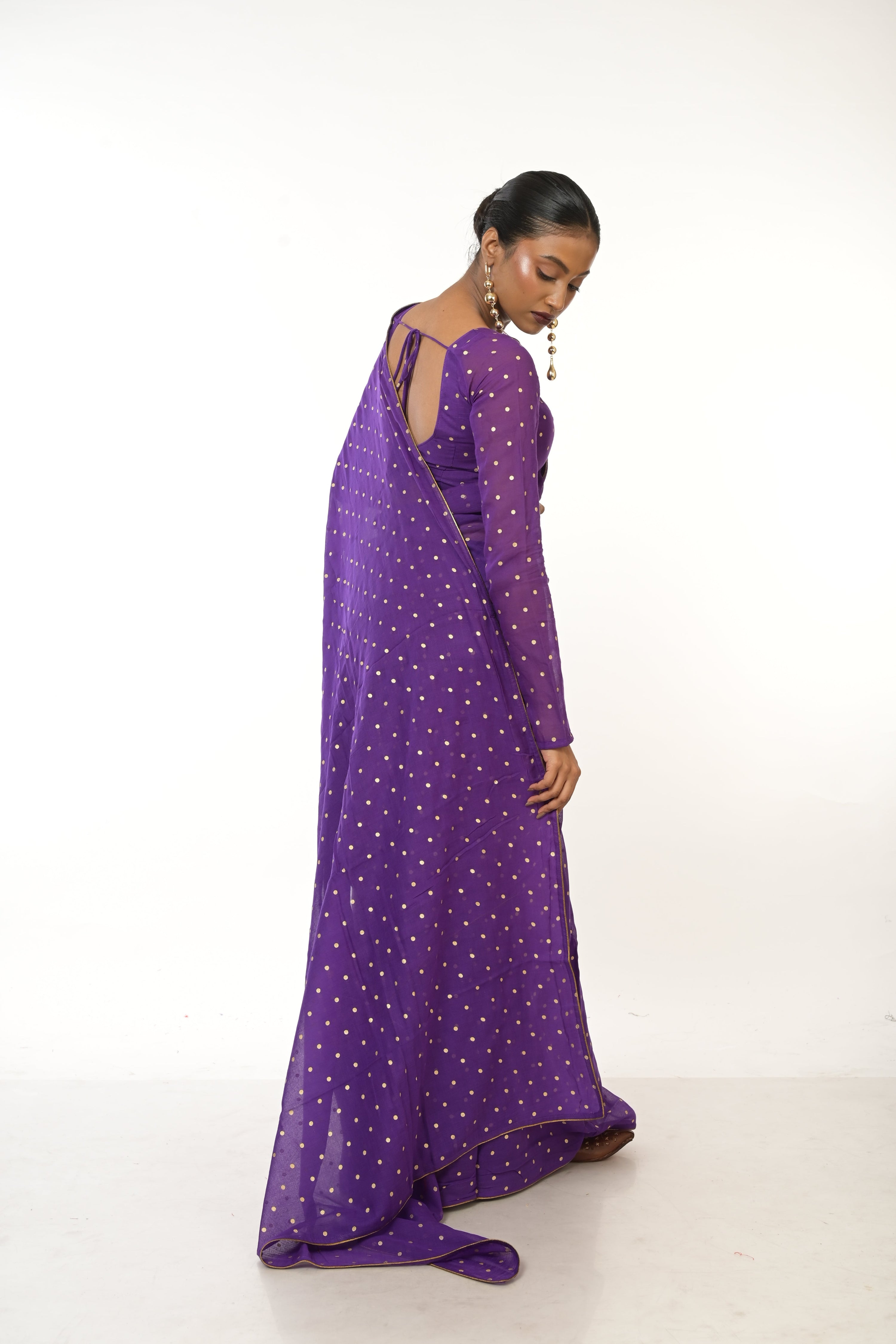 Twilight Specks I Purple Handloom Mul Cotton Metallic Polka Dotted Saree