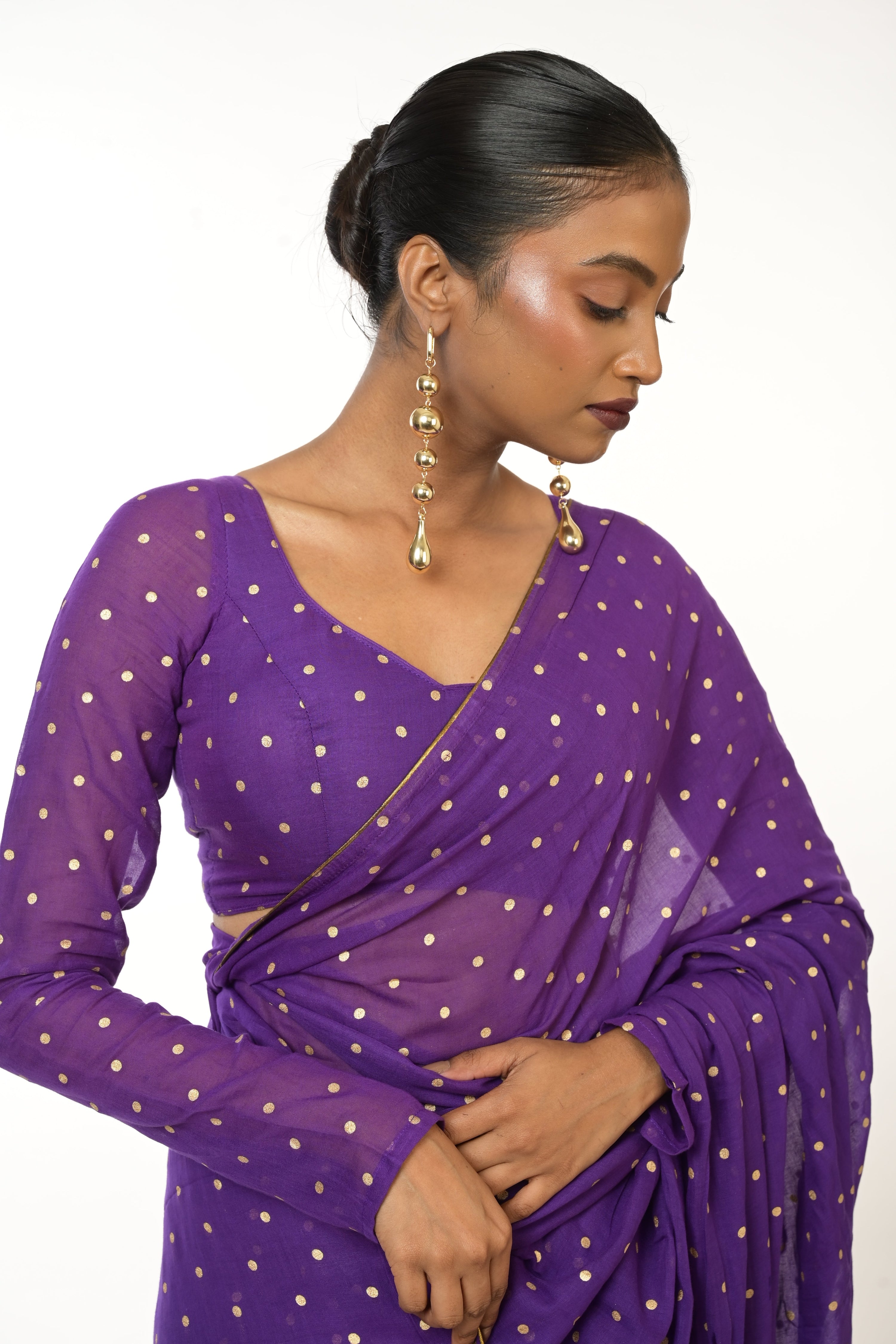 Twilight Specks I Purple Handloom Mul Cotton Metallic Polka Dotted Saree