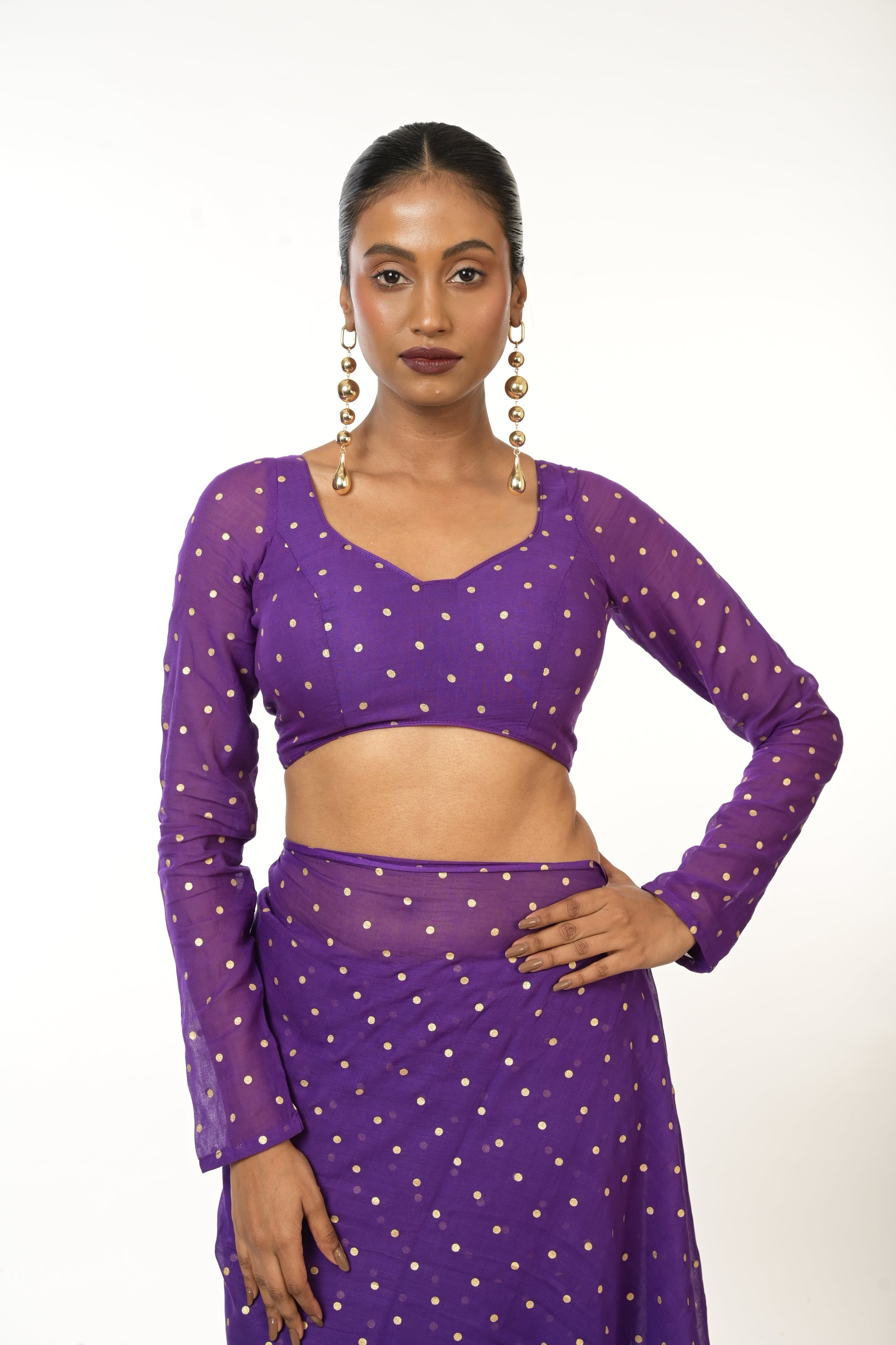 Twilight Bloom I Purple Handloom Mul Cotton Metallic Polka Dotted Designer Blouse