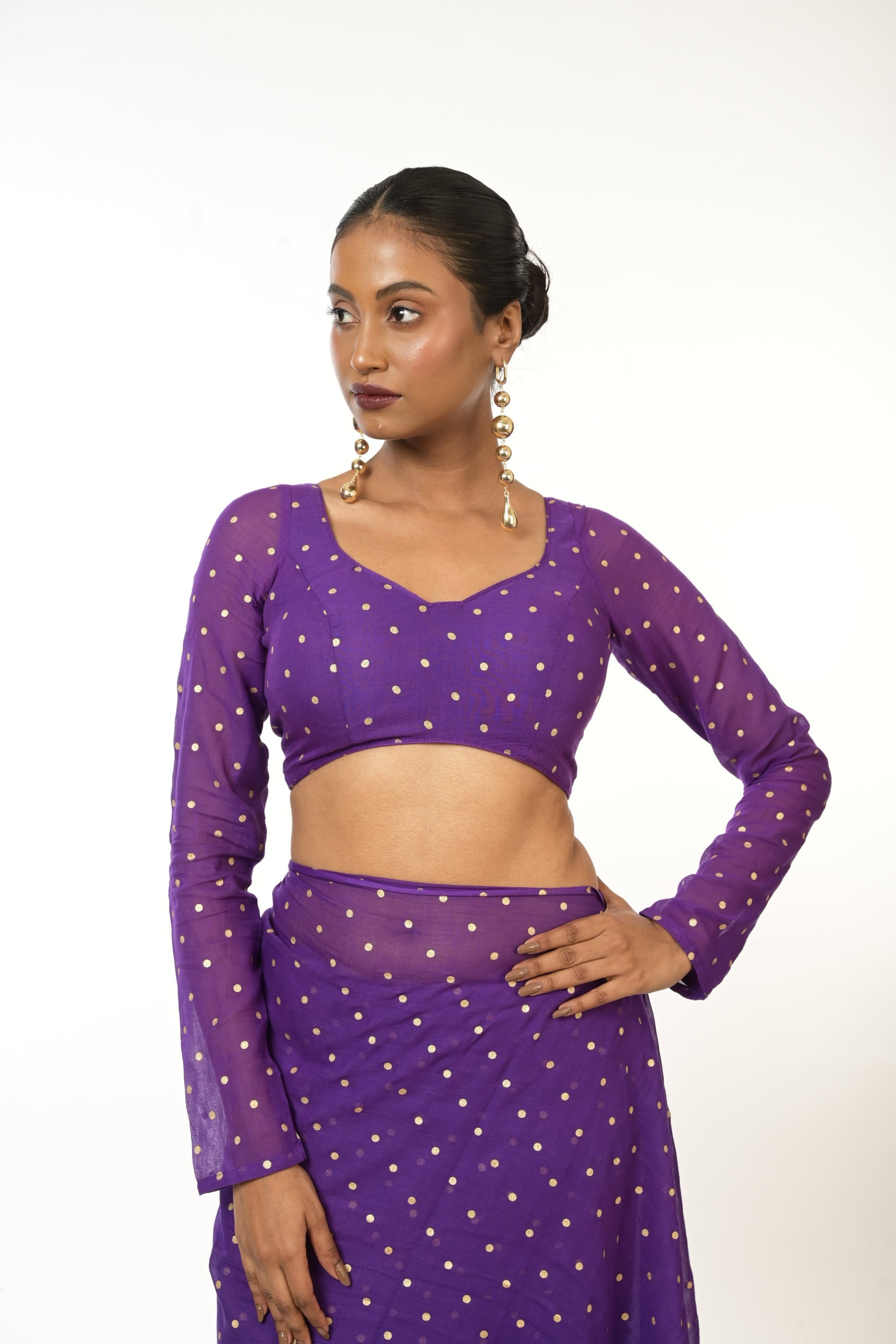 Twilight Bloom I Purple Handloom Mul Cotton Metallic Polka Dotted Designer Blouse