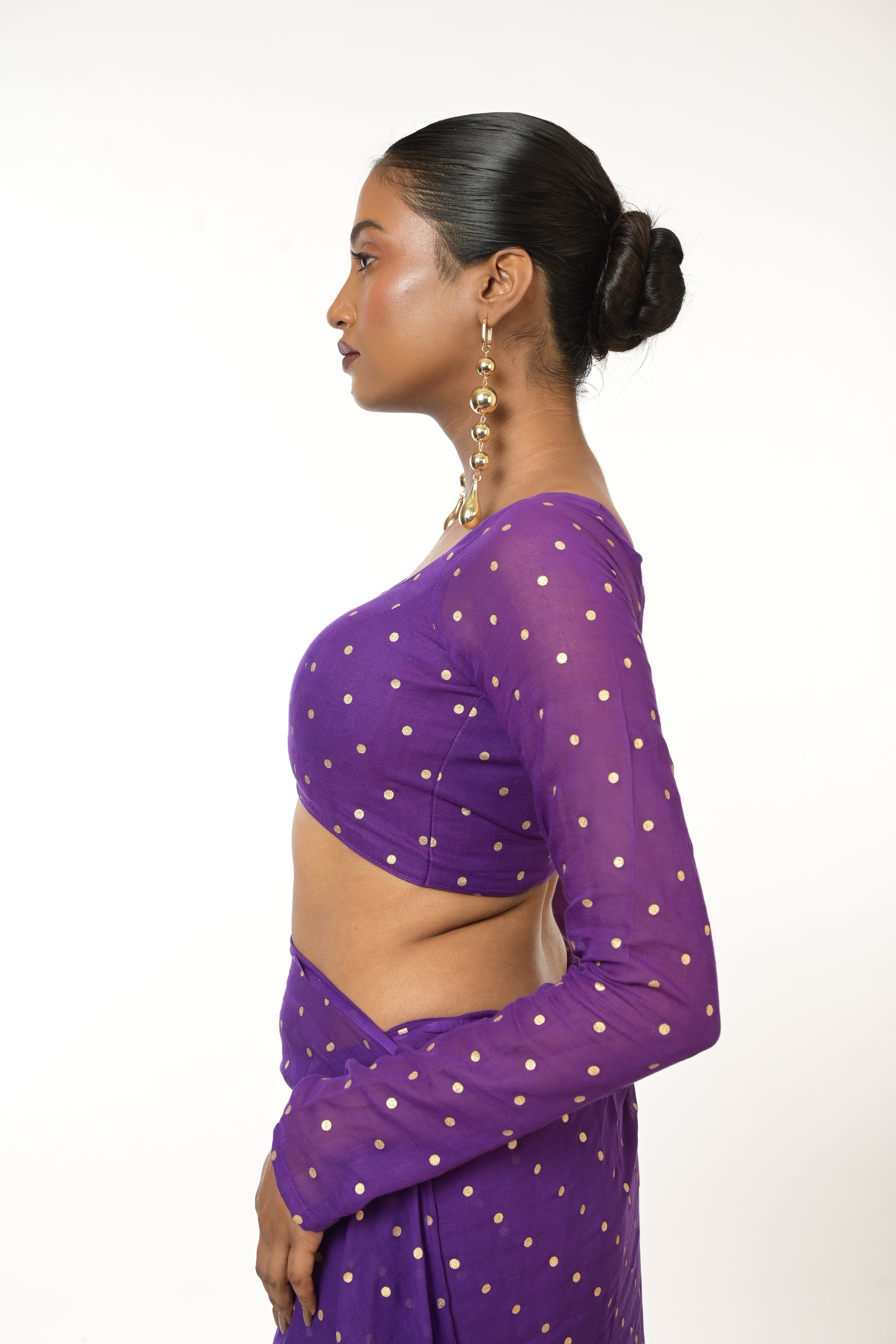 Twilight Bloom I Purple Handloom Mul Cotton Metallic Polka Dotted Designer Blouse