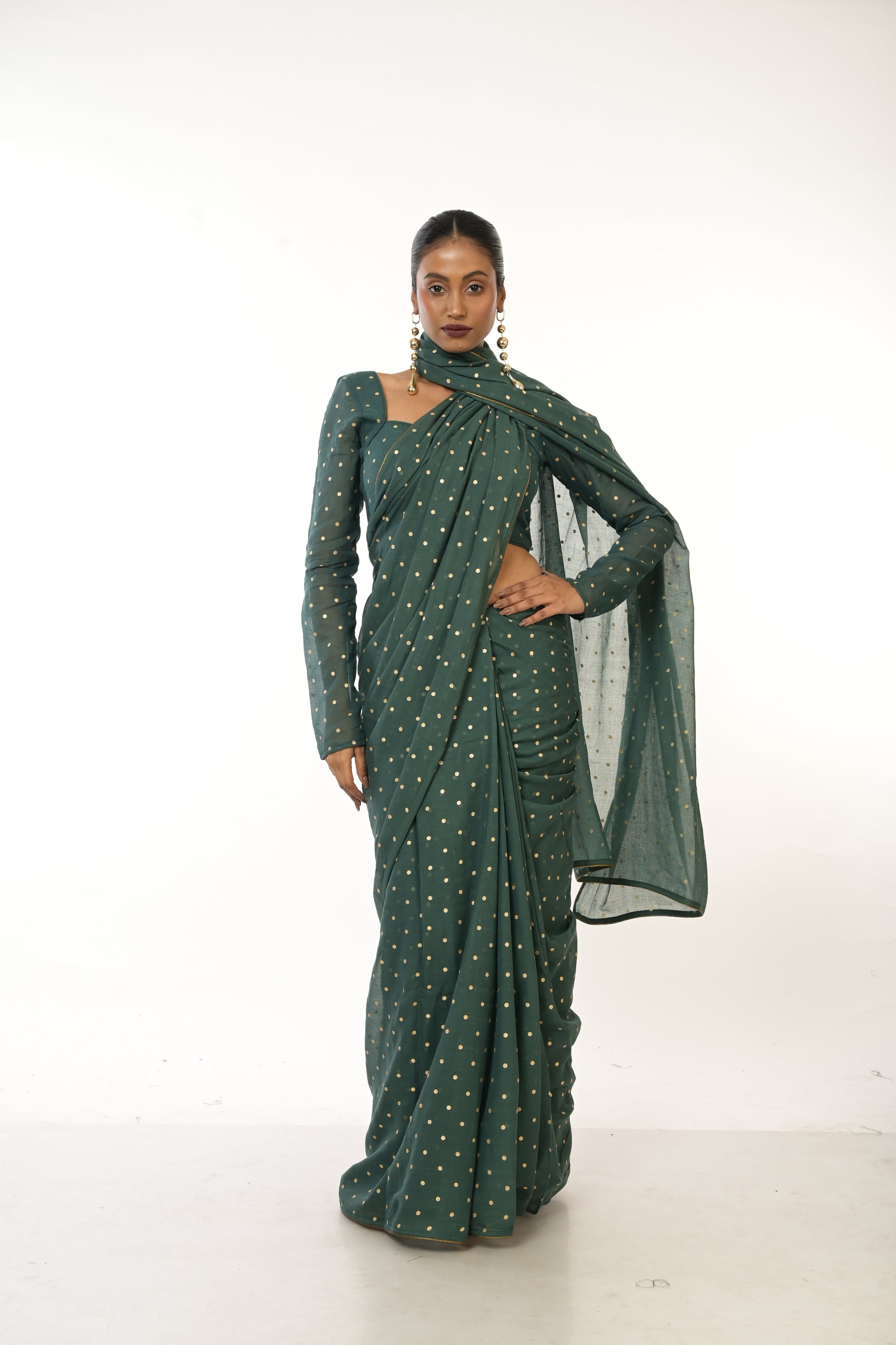 Emerald Drift I Bottle Green Handloom Mul Cotton Metallic Polka Dotted Saree