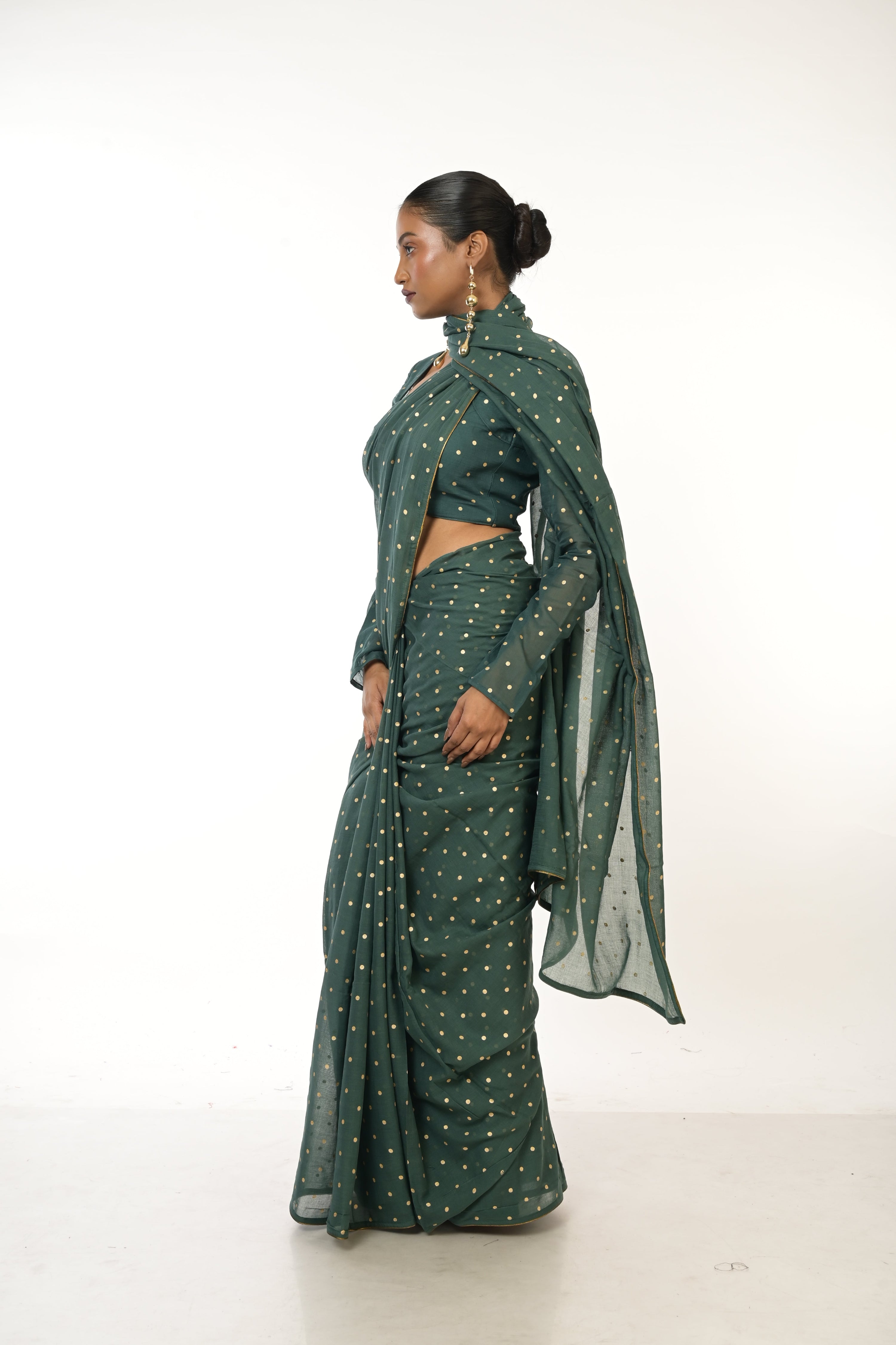 Emerald Drift I Bottle Green Handloom Mul Cotton Metallic Polka Dotted Saree