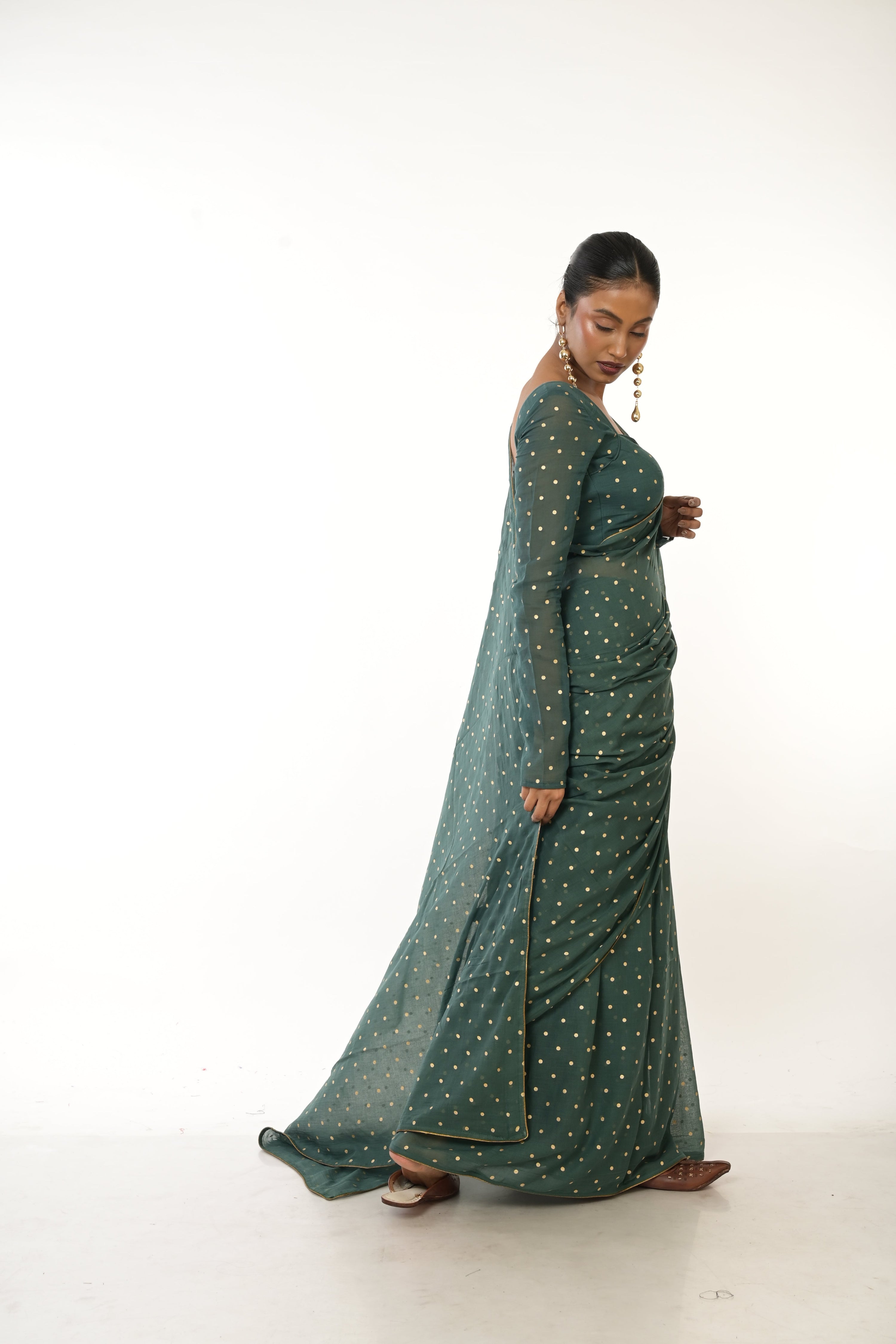 Emerald Drift I Bottle Green Handloom Mul Cotton Metallic Polka Dotted Saree