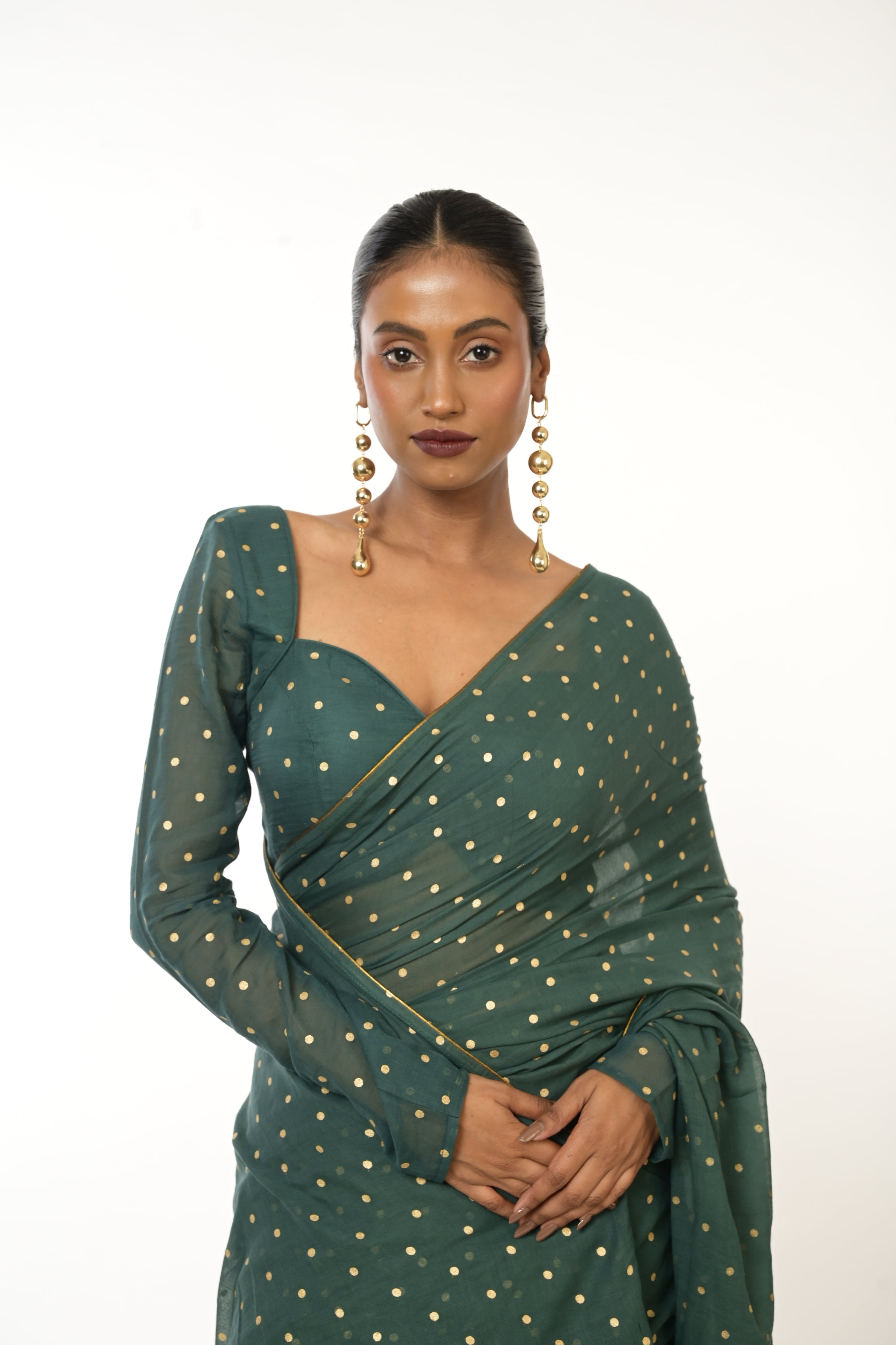 Emerald Drift I Bottle Green Handloom Mul Cotton Metallic Polka Dotted Saree