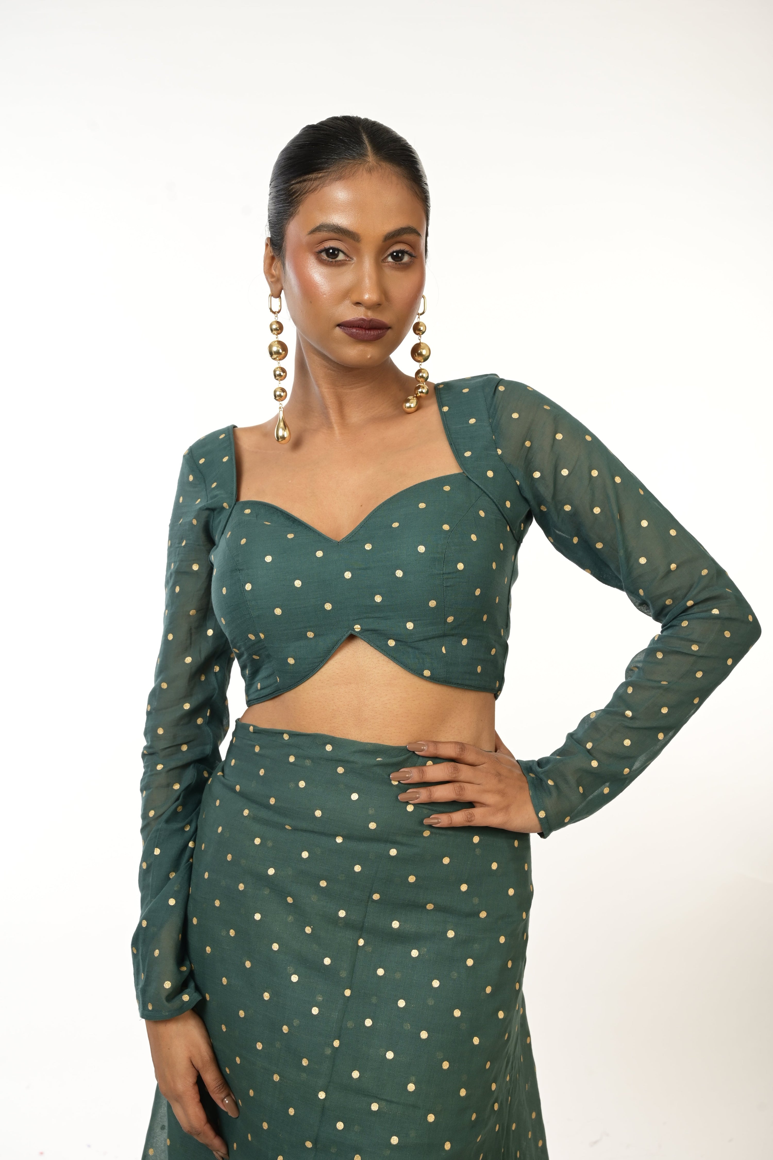 Emerald Enchantment I Bottle Green Handloom Mul Cotton Metallic Polka Dotted Designer Blouse