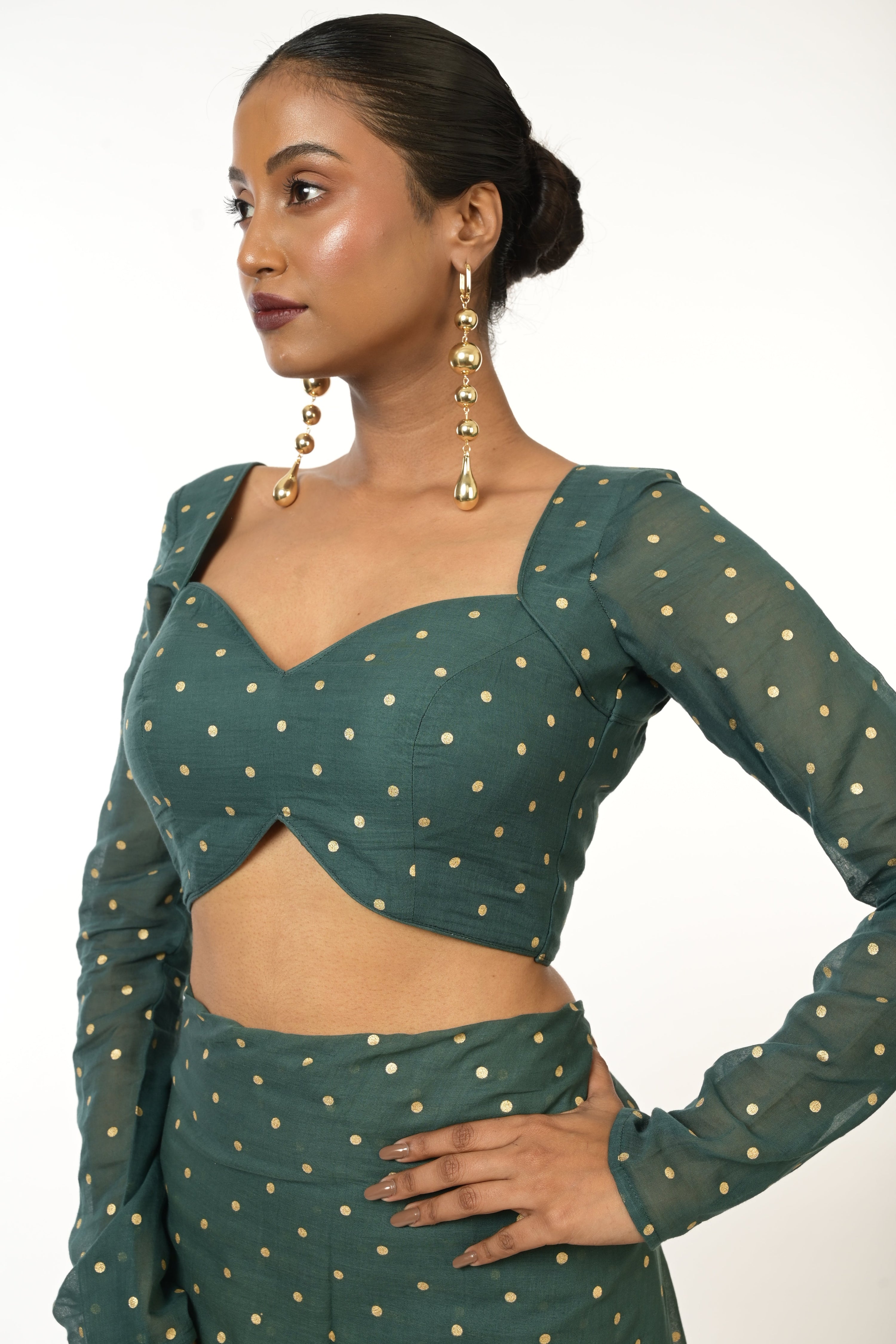 Emerald Enchantment I Bottle Green Handloom Mul Cotton Metallic Polka Dotted Designer Blouse