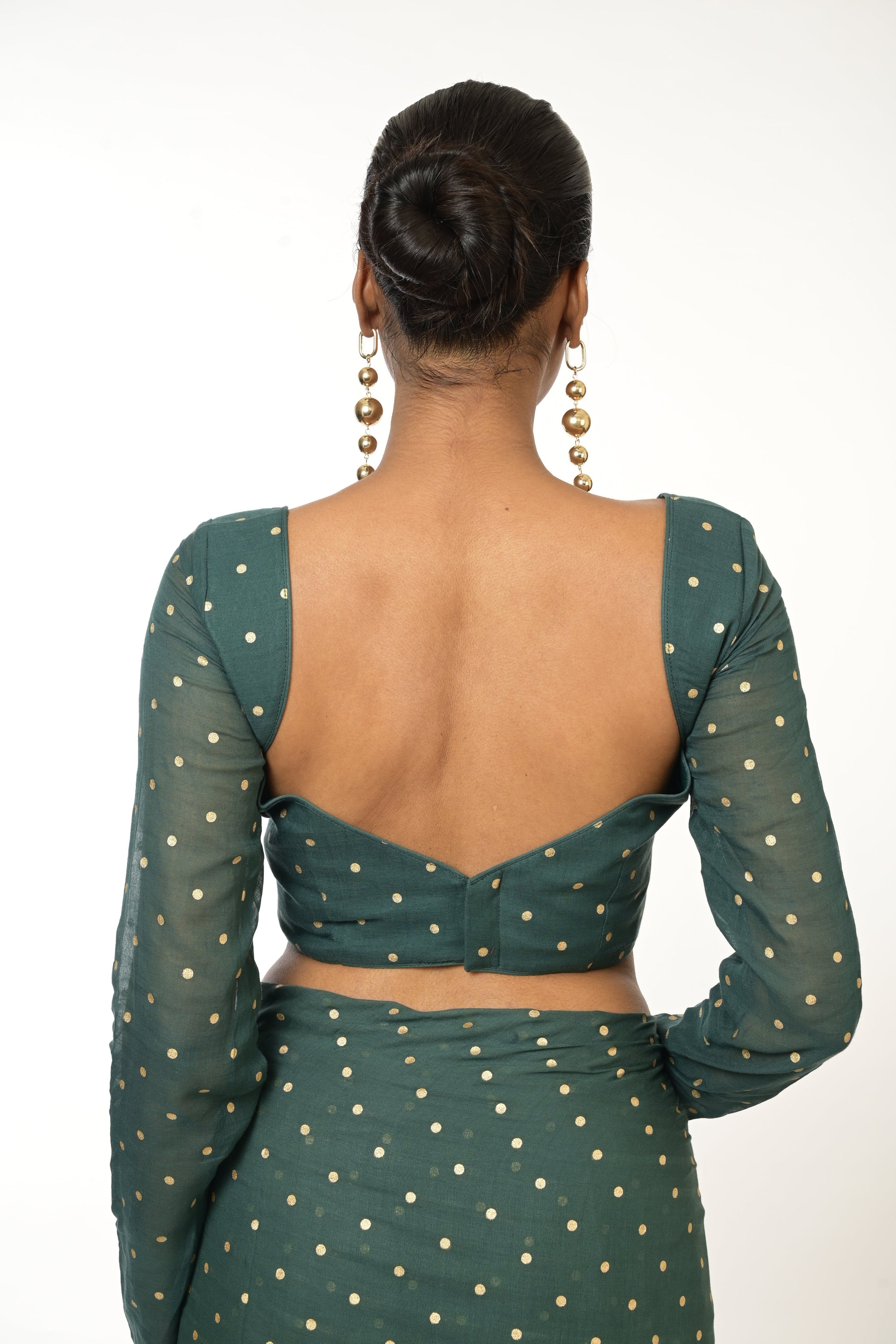 Emerald Enchantment I Bottle Green Handloom Mul Cotton Metallic Polka Dotted Designer Blouse