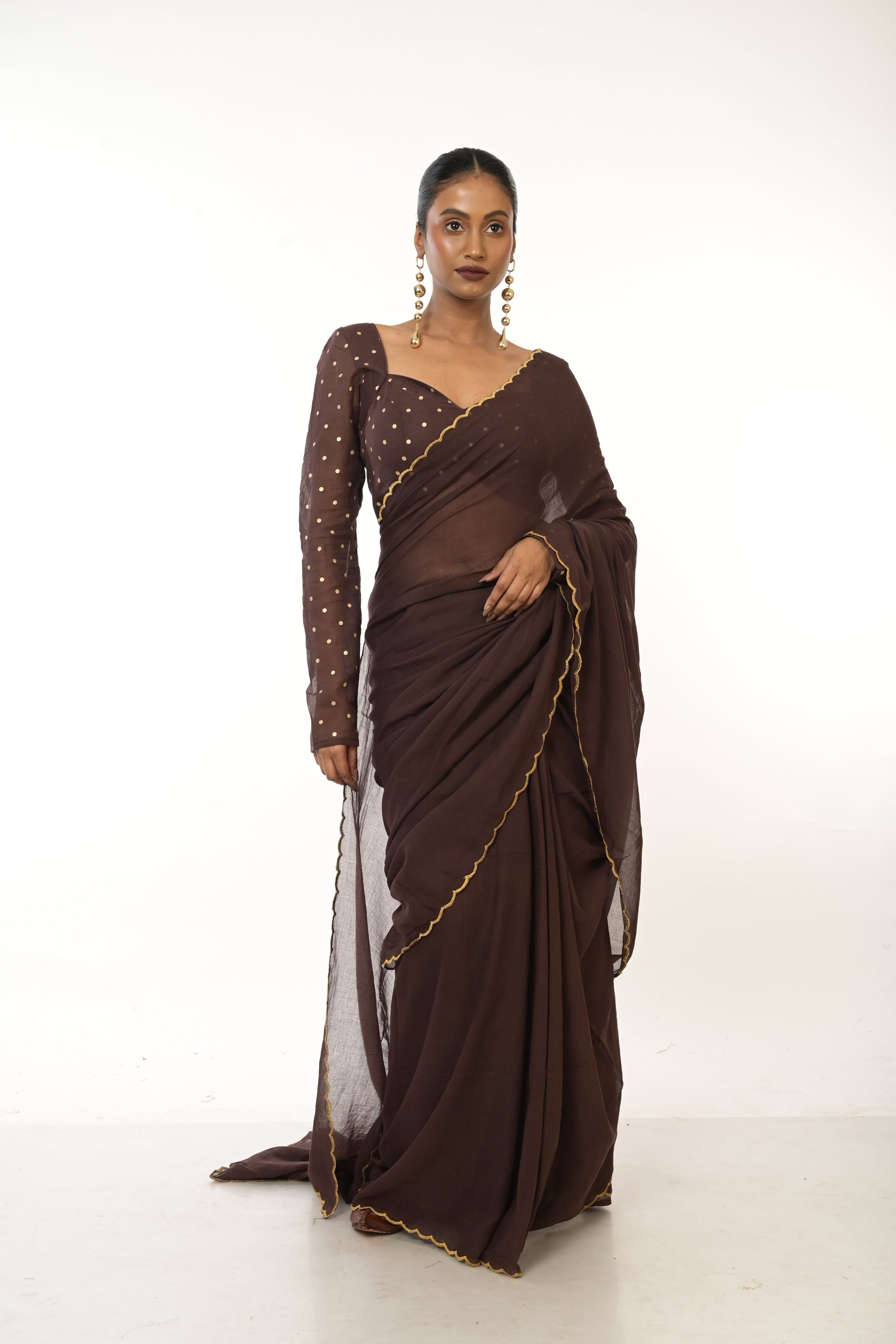 Cocoa Bliss I Brown Handloom Mul Cotton Saree with Golden Scalloped Border