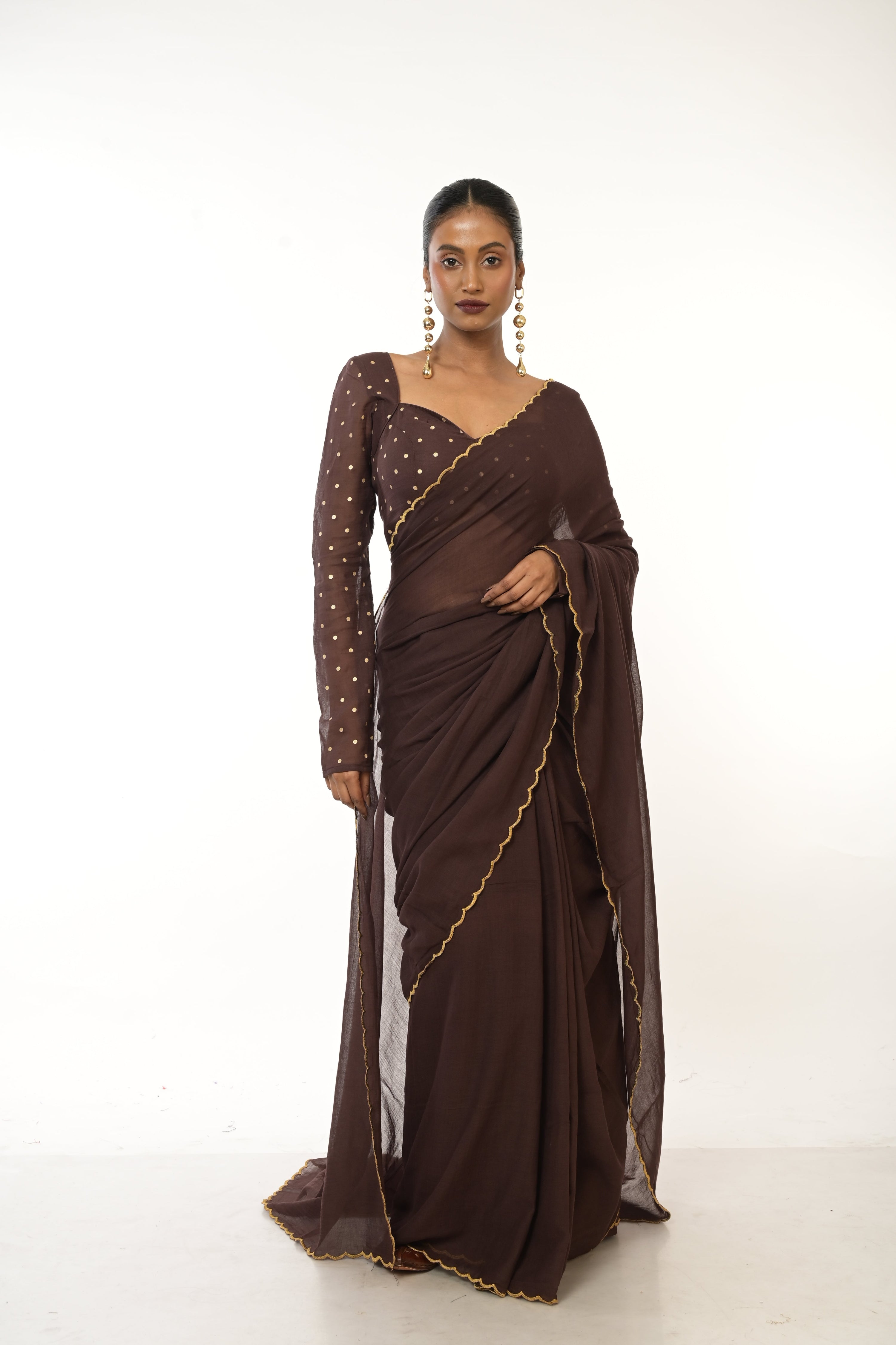 Cocoa Bliss I Brown Handloom Mul Cotton Saree with Golden Scalloped Border