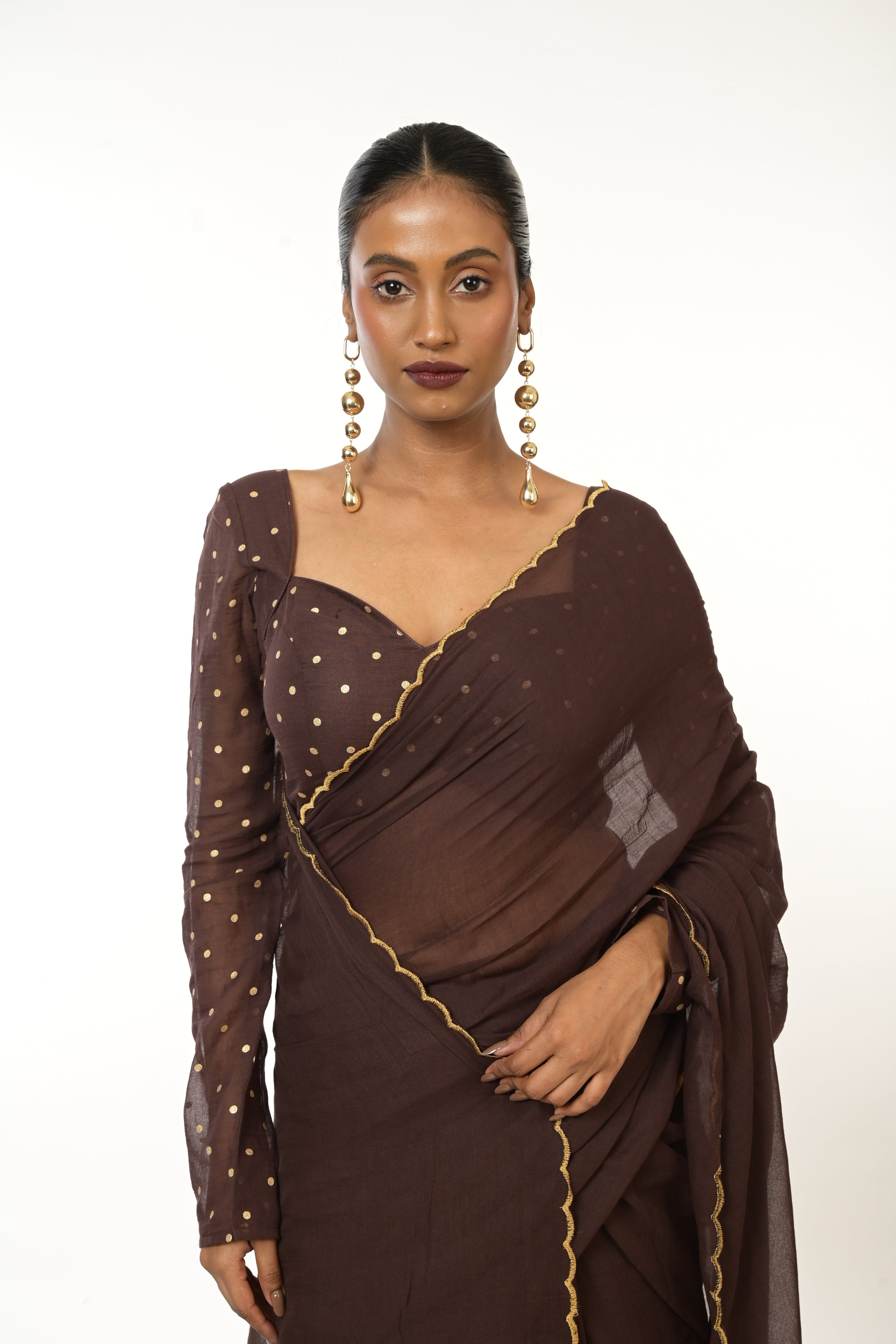 Cocoa Bliss I Brown Handloom Mul Cotton Saree with Golden Scalloped Border