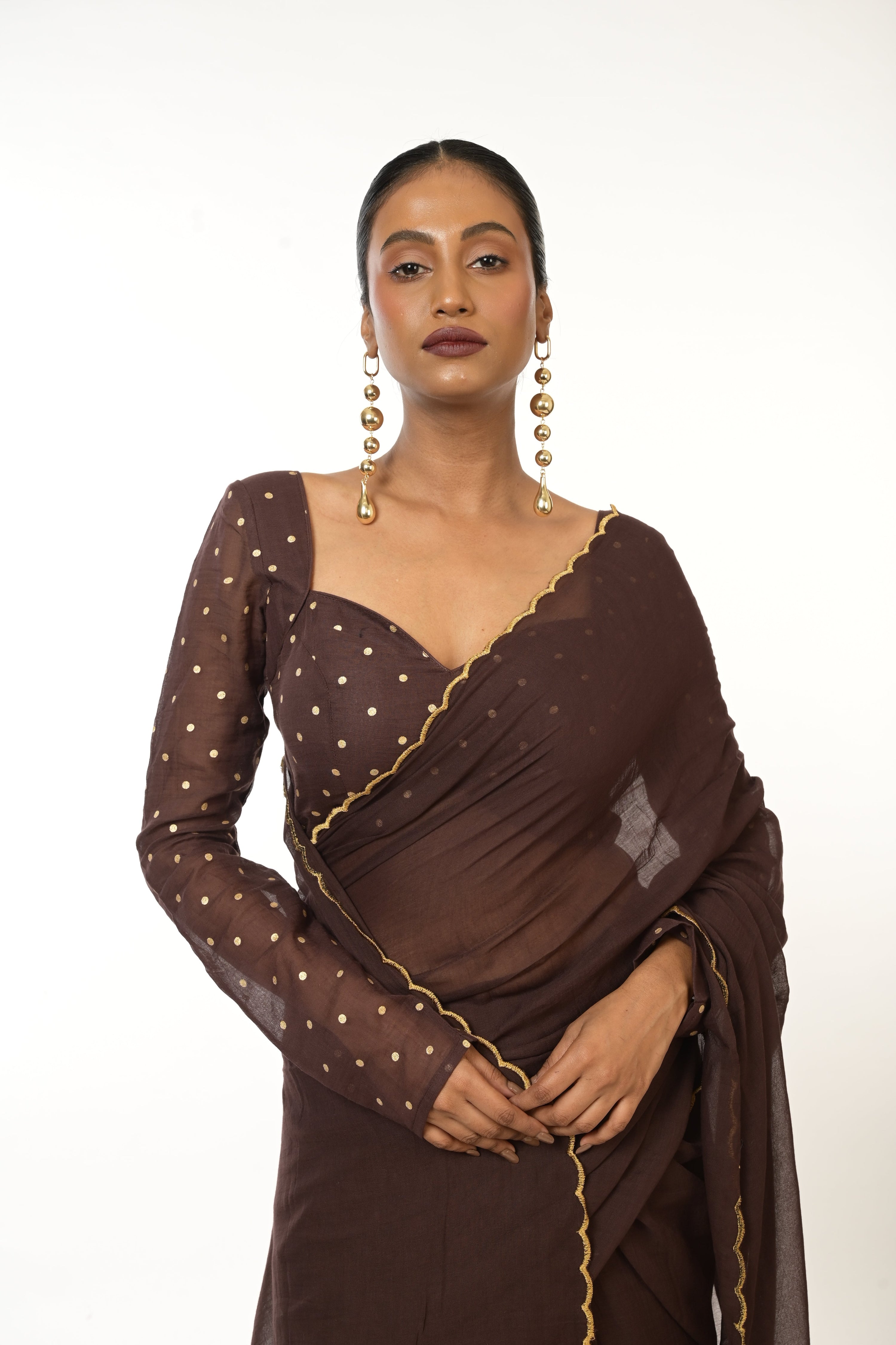 Cocoa Bliss I Brown Handloom Mul Cotton Saree with Golden Scalloped Border