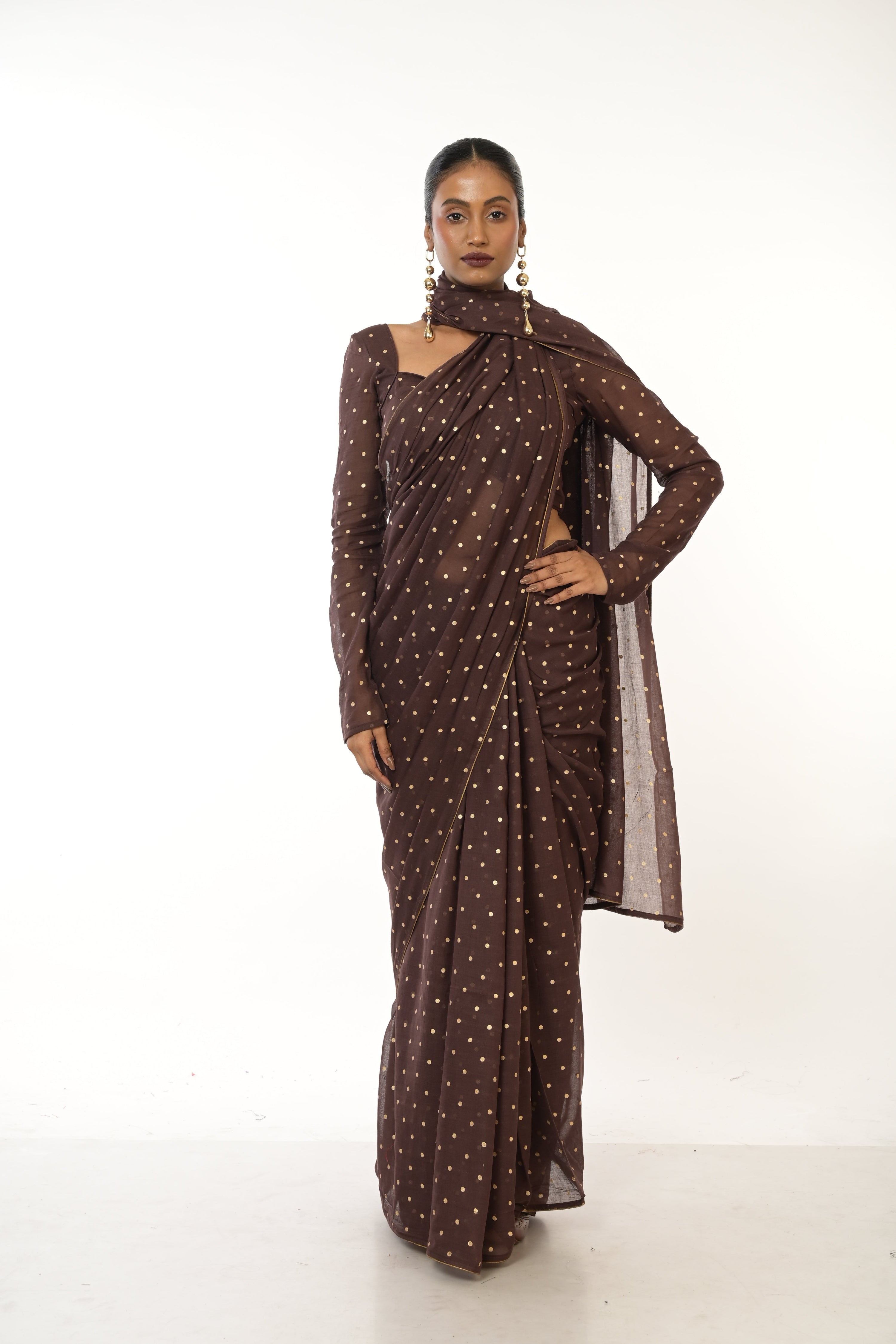 Dusk & Dots I Brown Handloom Mul Cotton Metallic Polka Dotted Saree