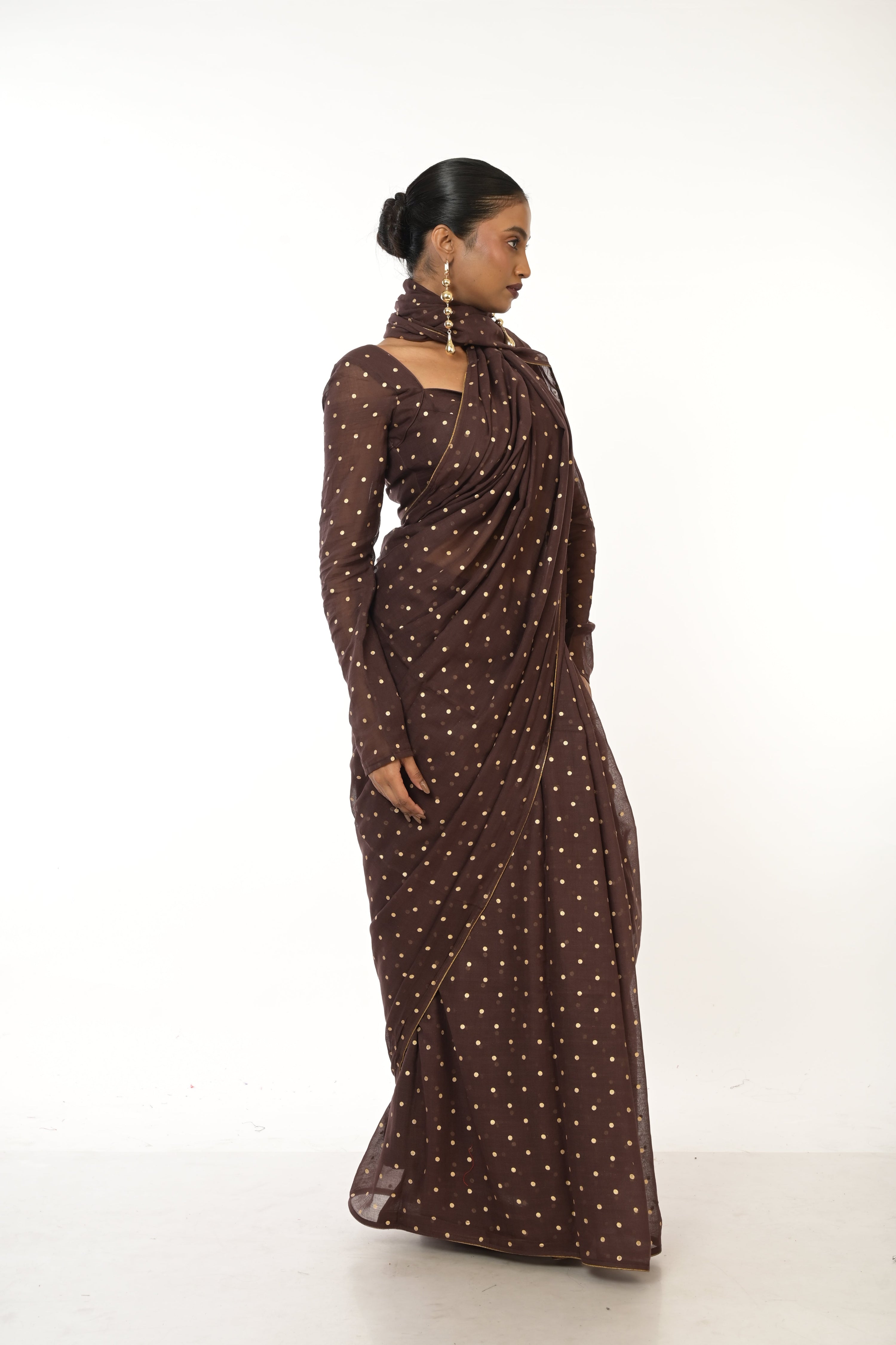 Dusk & Dots I Brown Handloom Mul Cotton Metallic Polka Dotted Saree