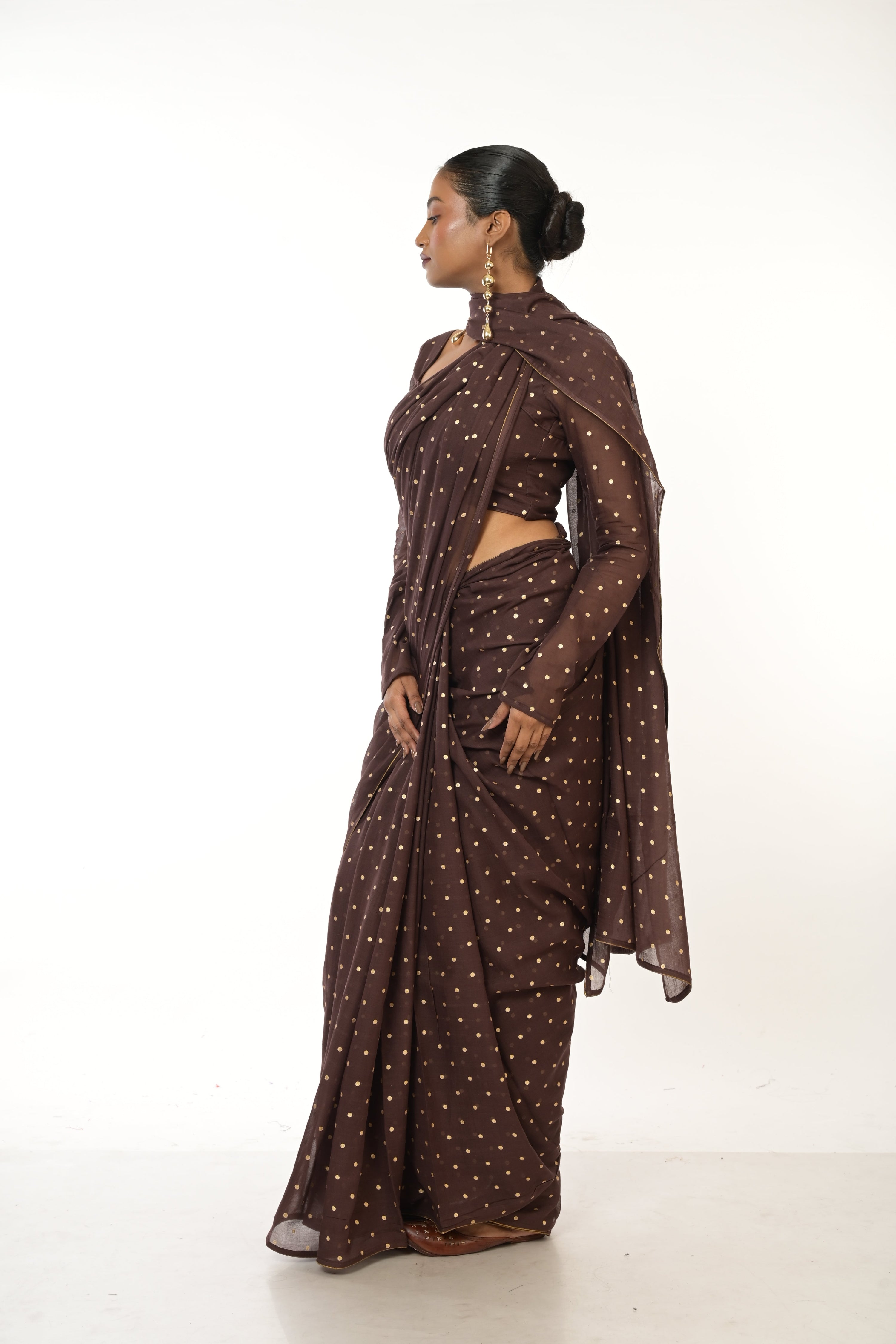 Dusk & Dots I Brown Handloom Mul Cotton Metallic Polka Dotted Saree