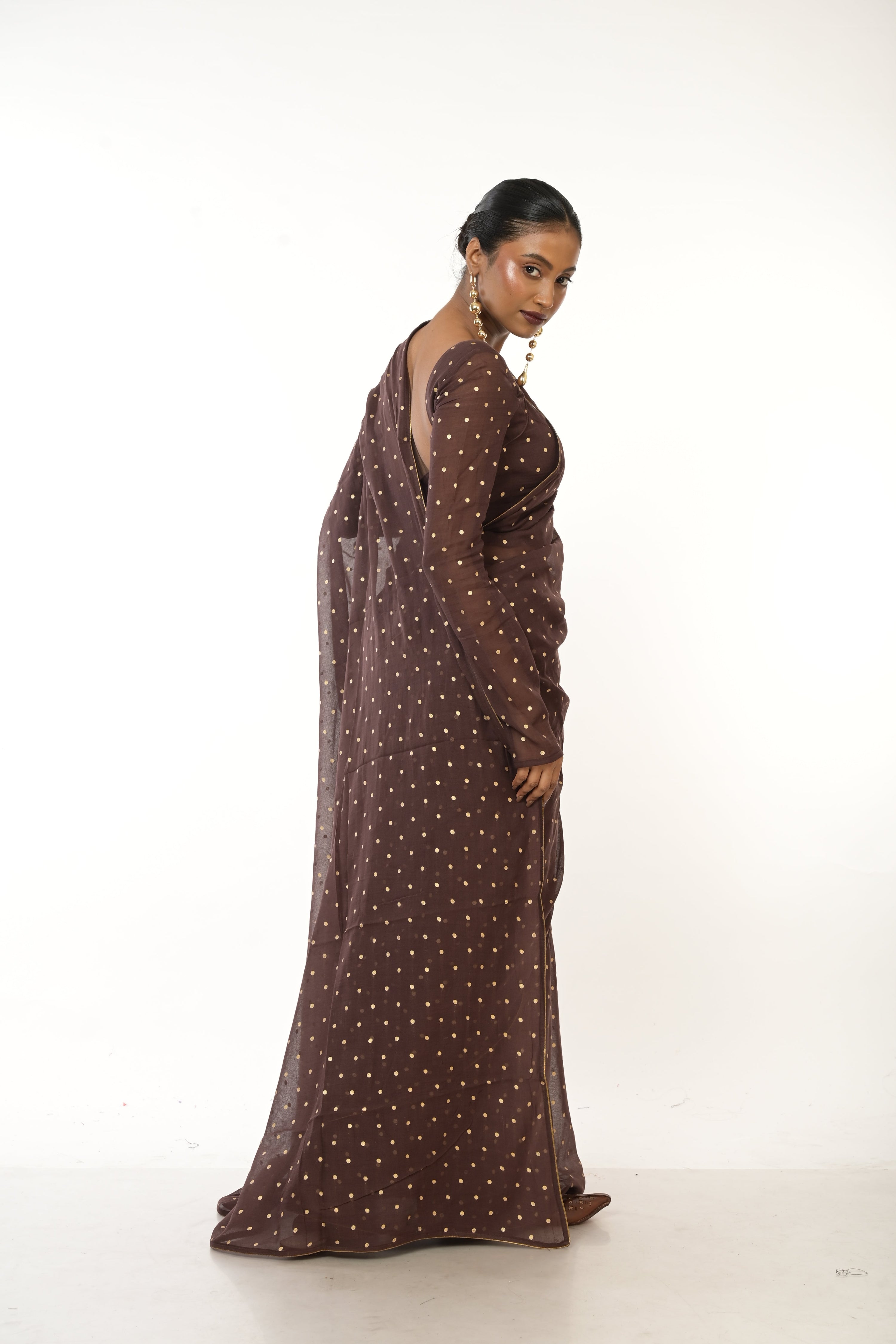 Dusk & Dots I Brown Handloom Mul Cotton Metallic Polka Dotted Saree