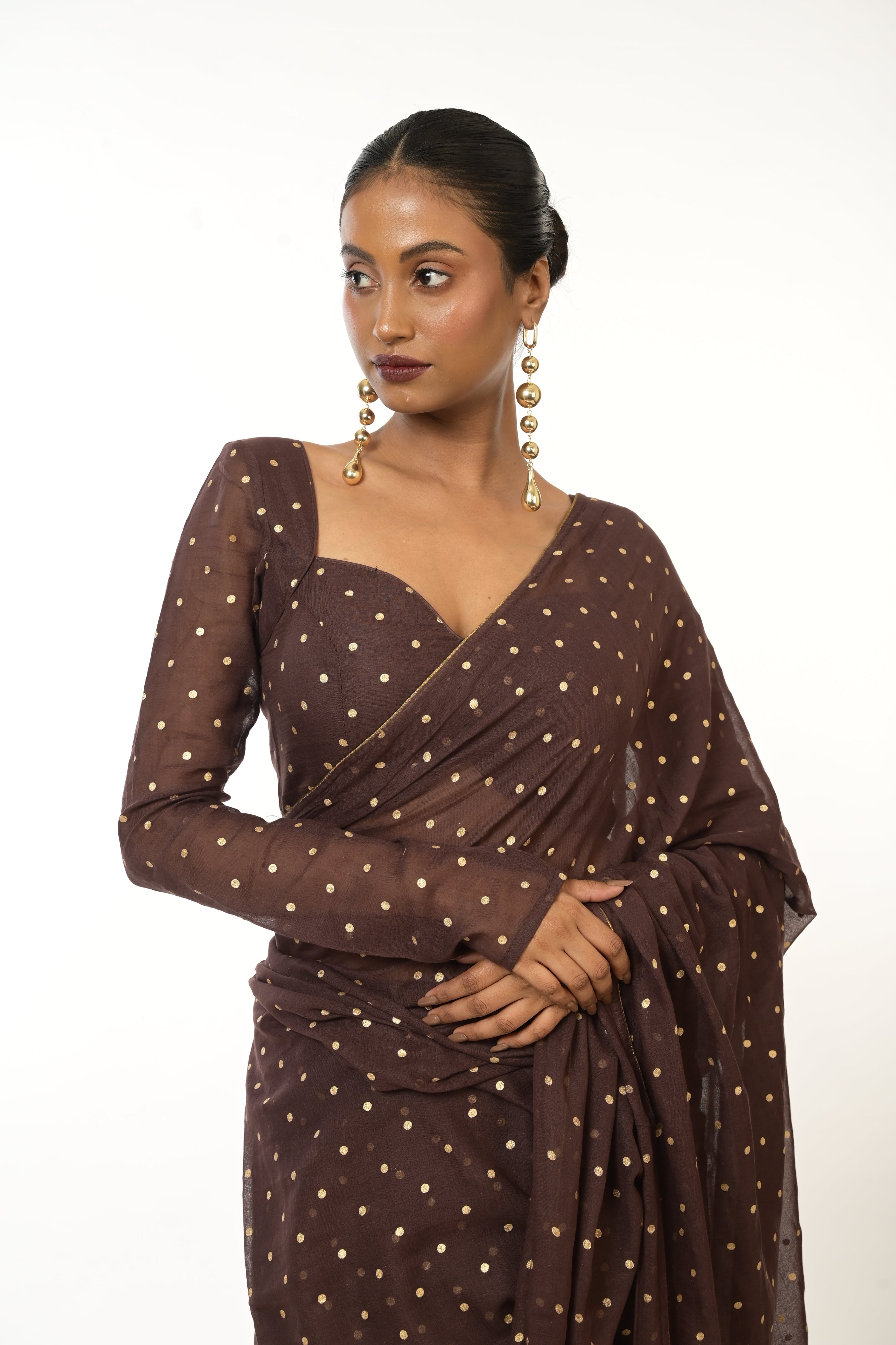 Dusk & Dots I Brown Handloom Mul Cotton Metallic Polka Dotted Saree