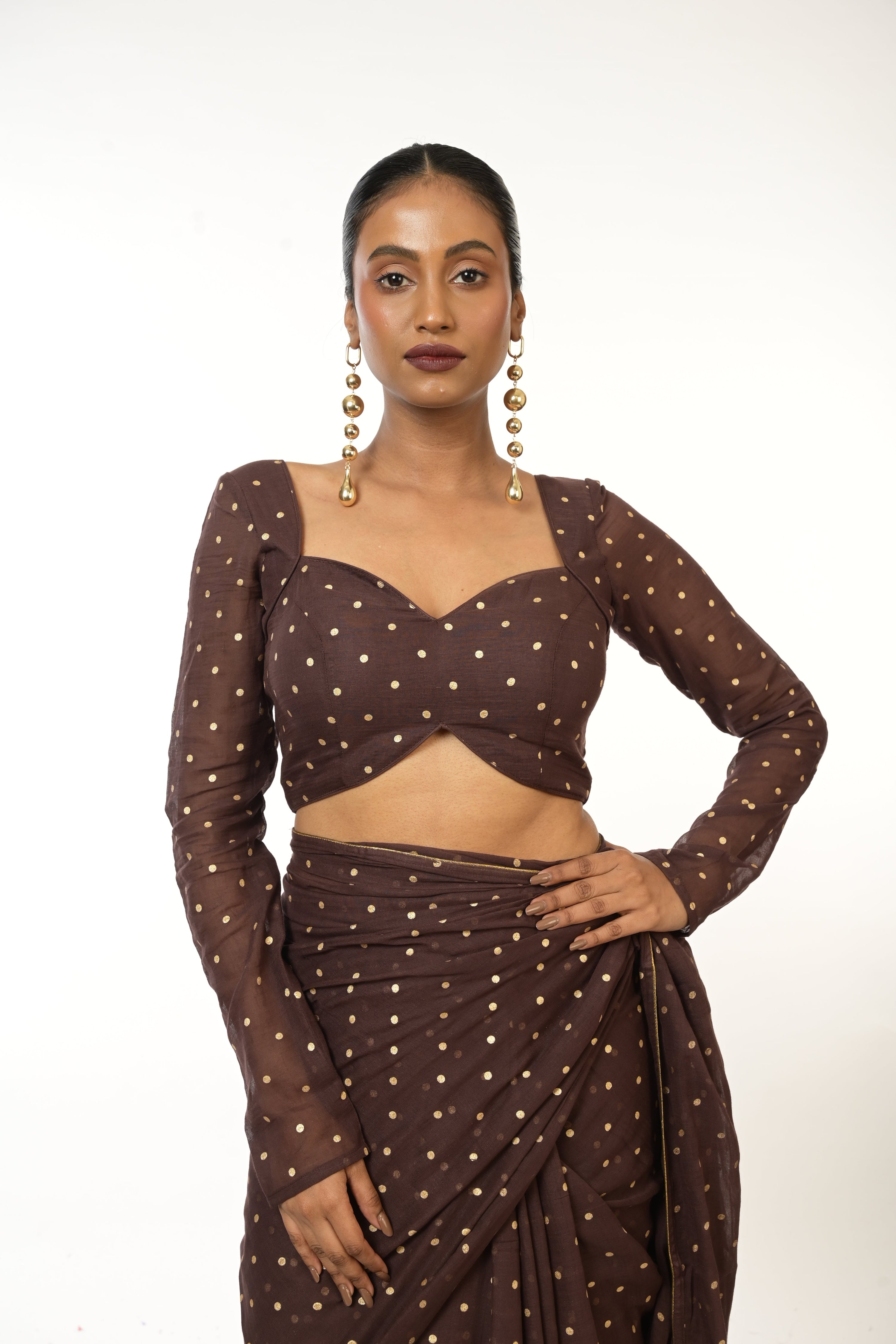 Dusky Delight I Brown Handloom Mul Cotton Metallic Polka Dotted Designer Blouse