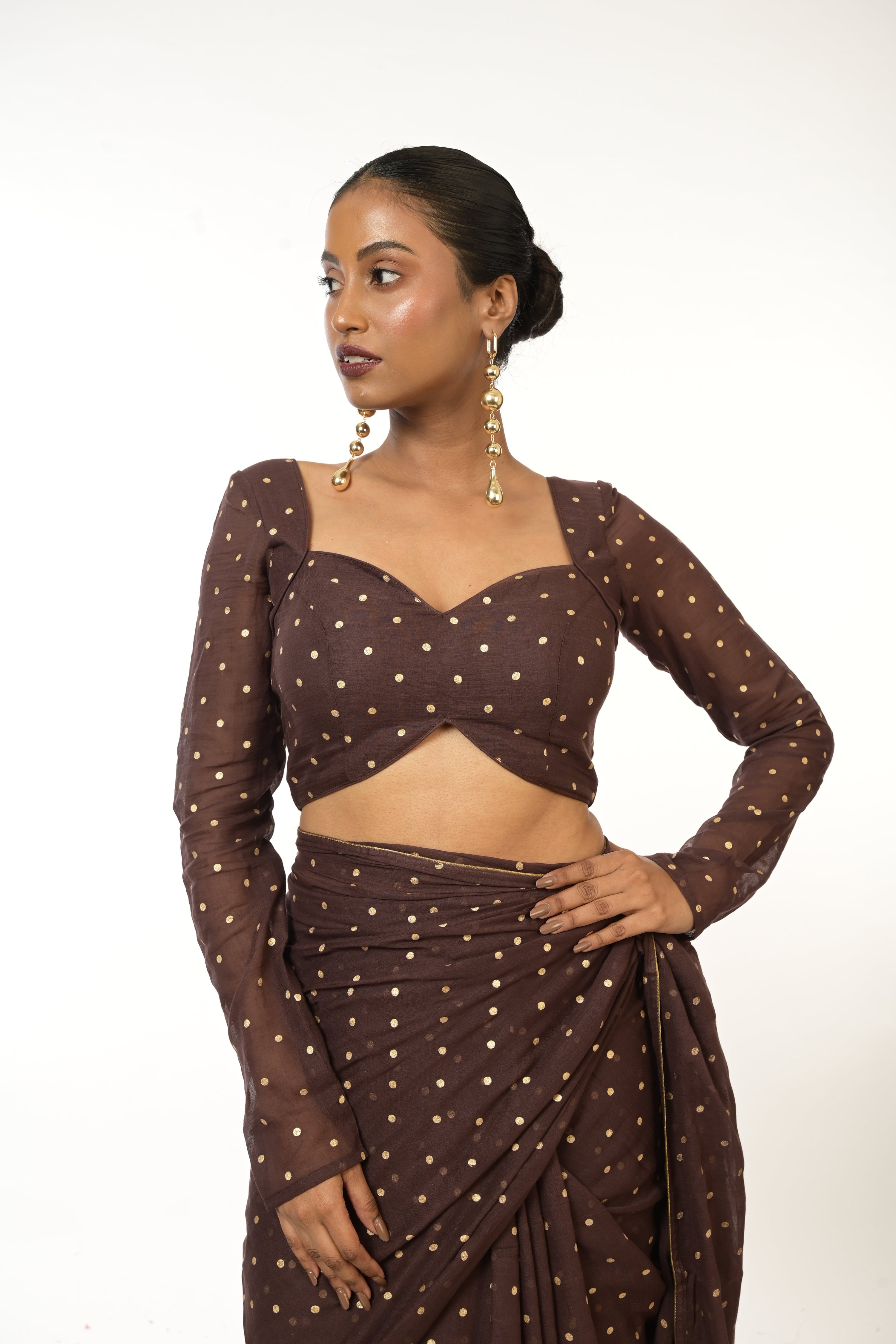 Dusky Delight I Brown Handloom Mul Cotton Metallic Polka Dotted Designer Blouse