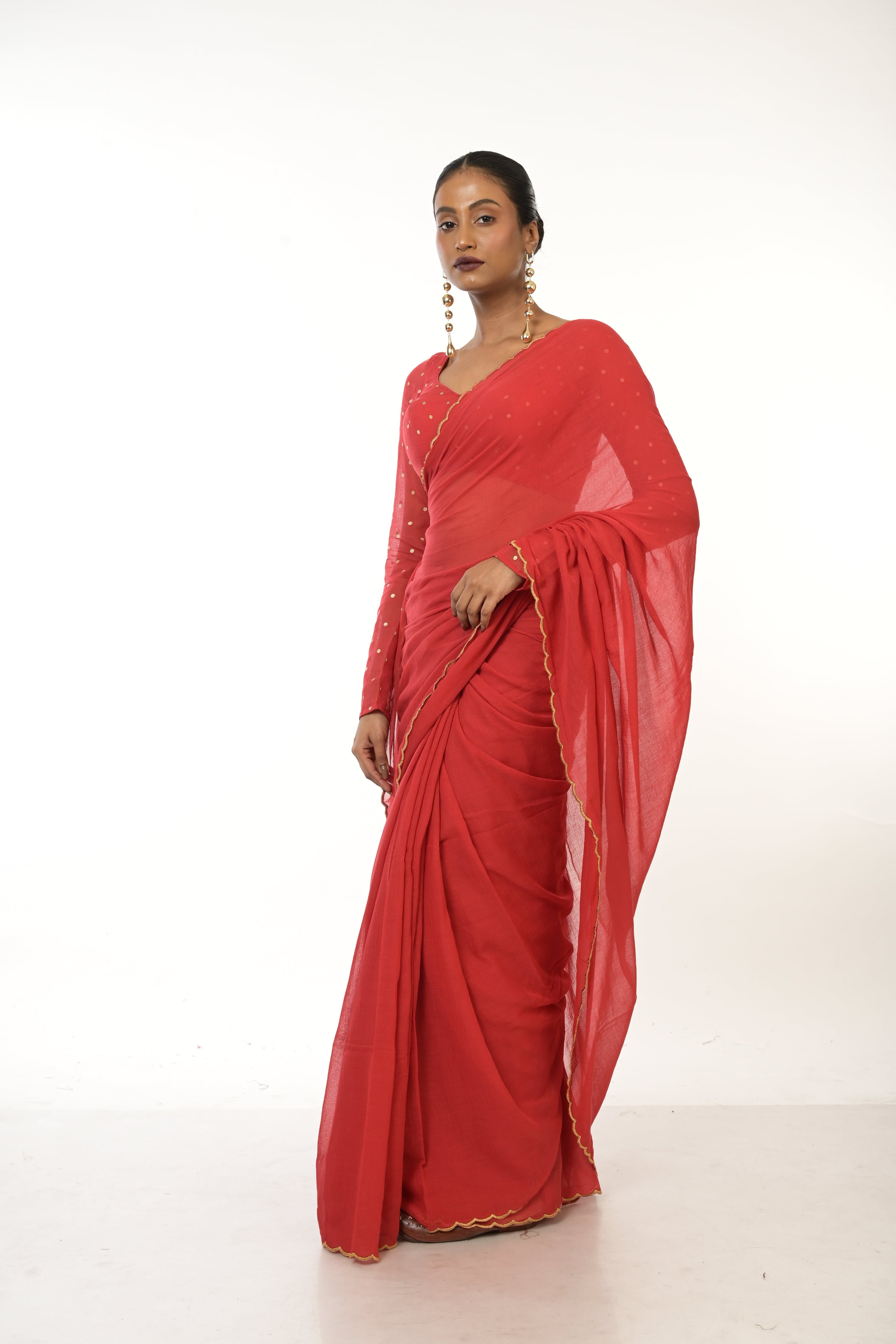 Garnet Dreams I Red Handloom Mul Cotton Saree with Golden Scalloped Border