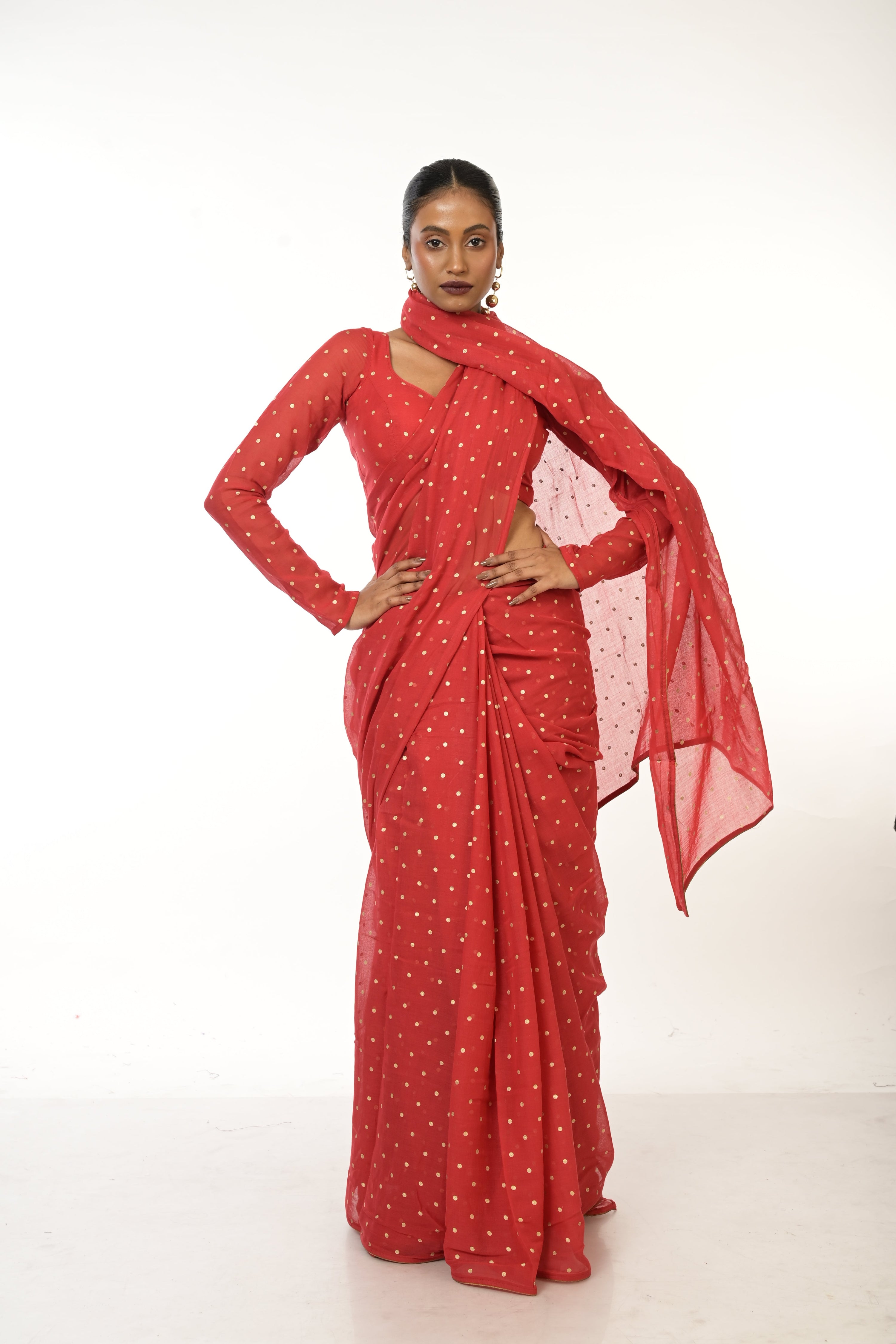 Scarlet Bloom I Red Handloom Mul Cotton Metallic Polka Dotted Saree