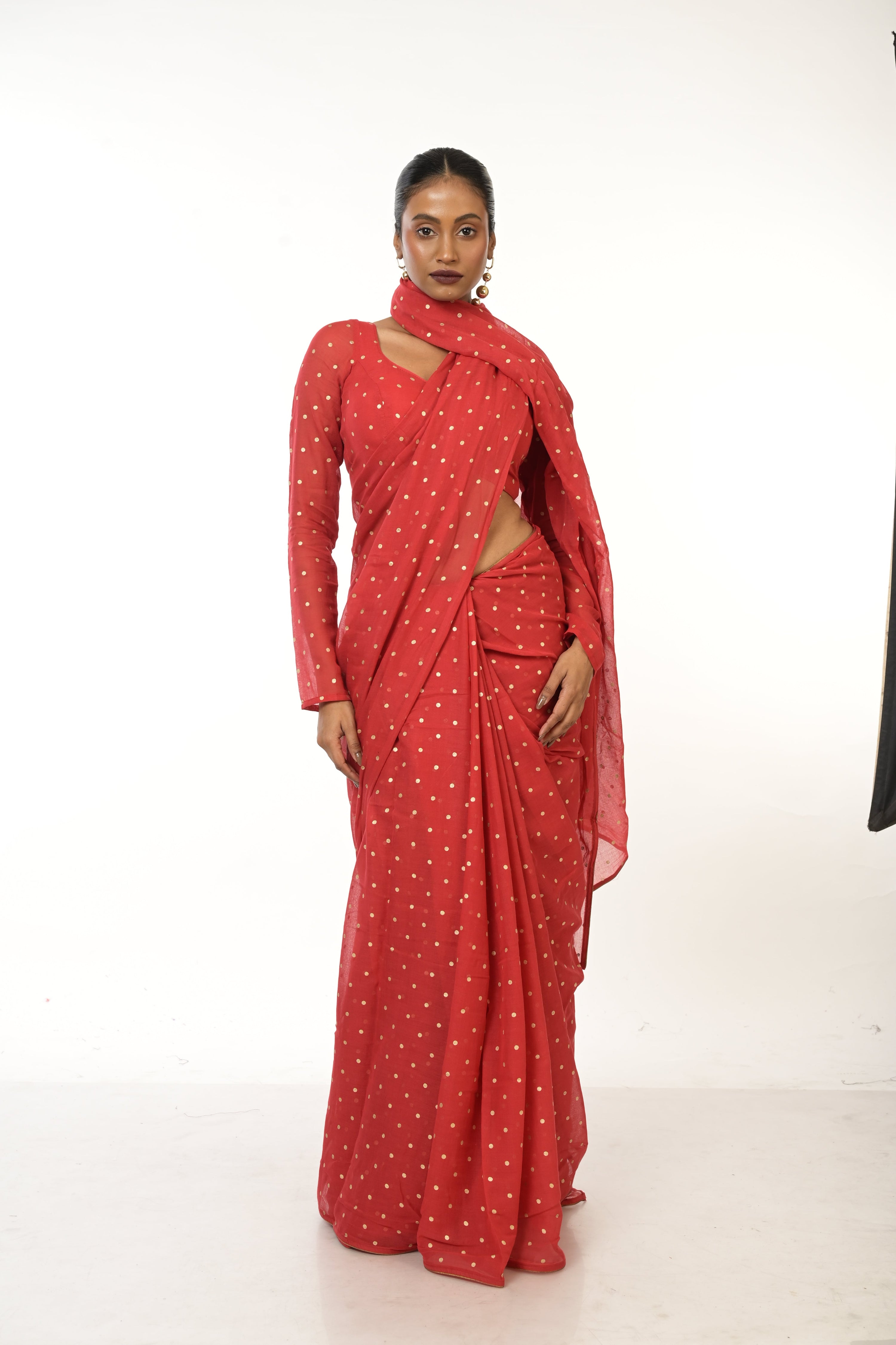 Scarlet Bloom I Red Handloom Mul Cotton Metallic Polka Dotted Saree