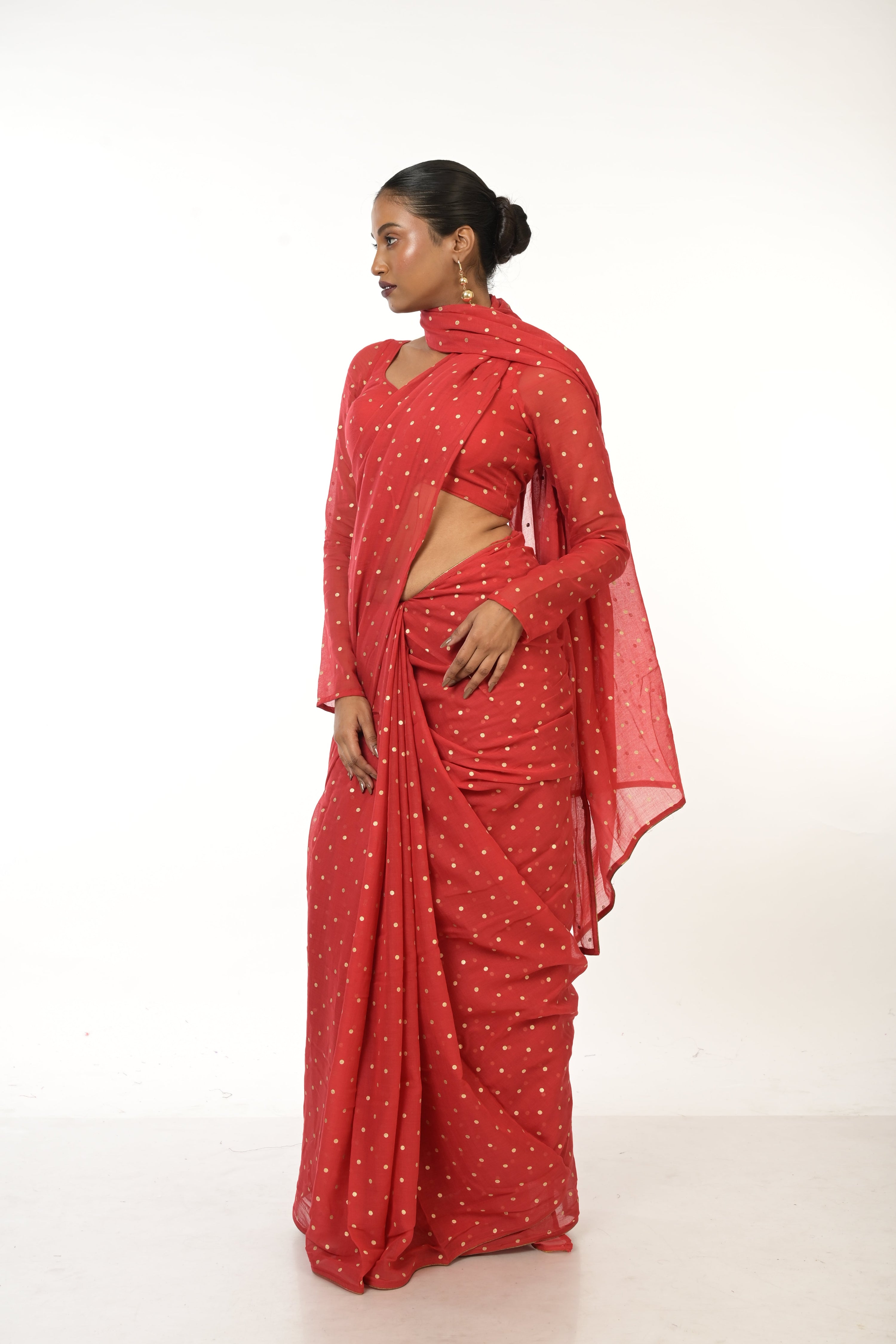 Scarlet Bloom I Red Handloom Mul Cotton Metallic Polka Dotted Saree