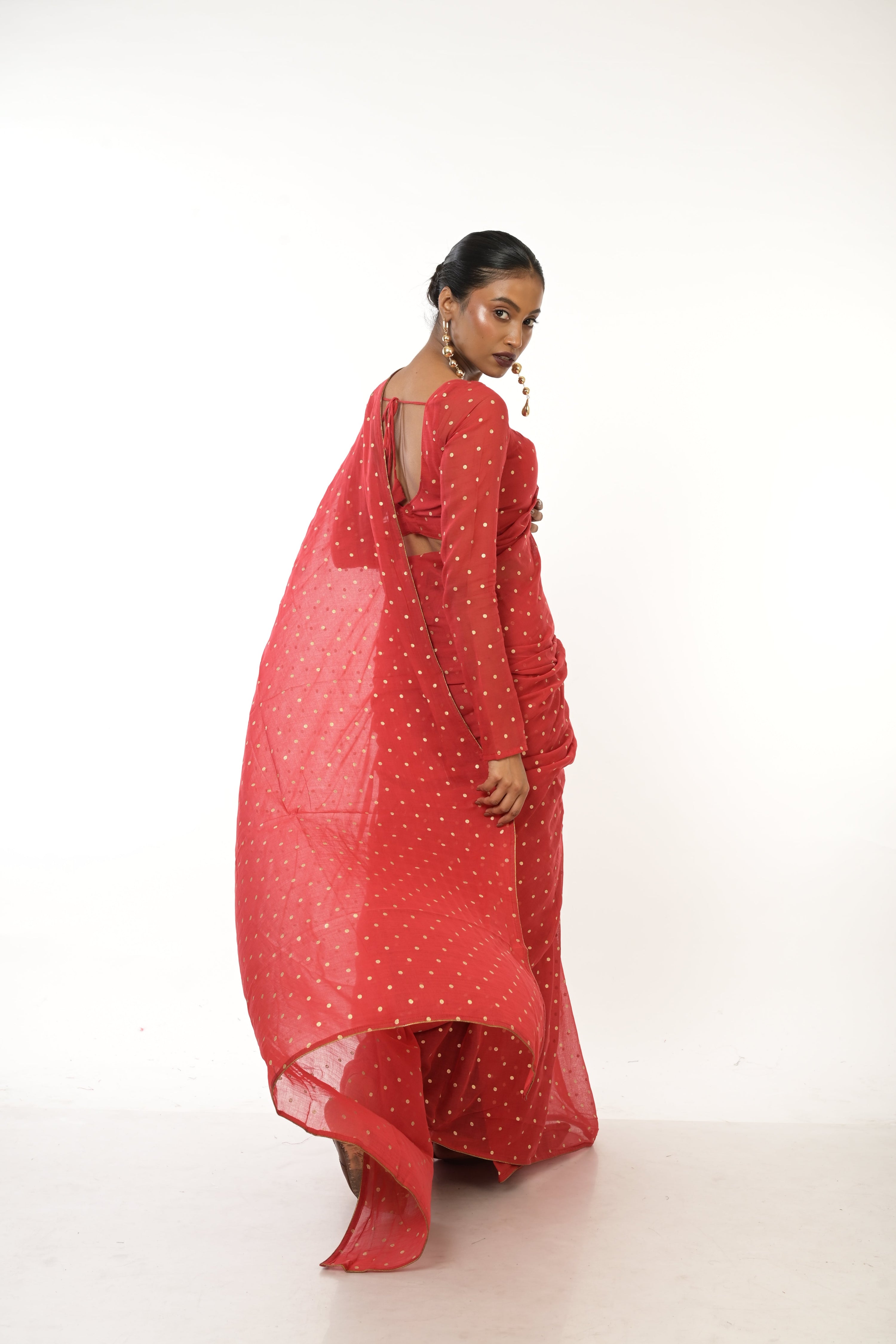 Scarlet Bloom I Red Handloom Mul Cotton Metallic Polka Dotted Saree