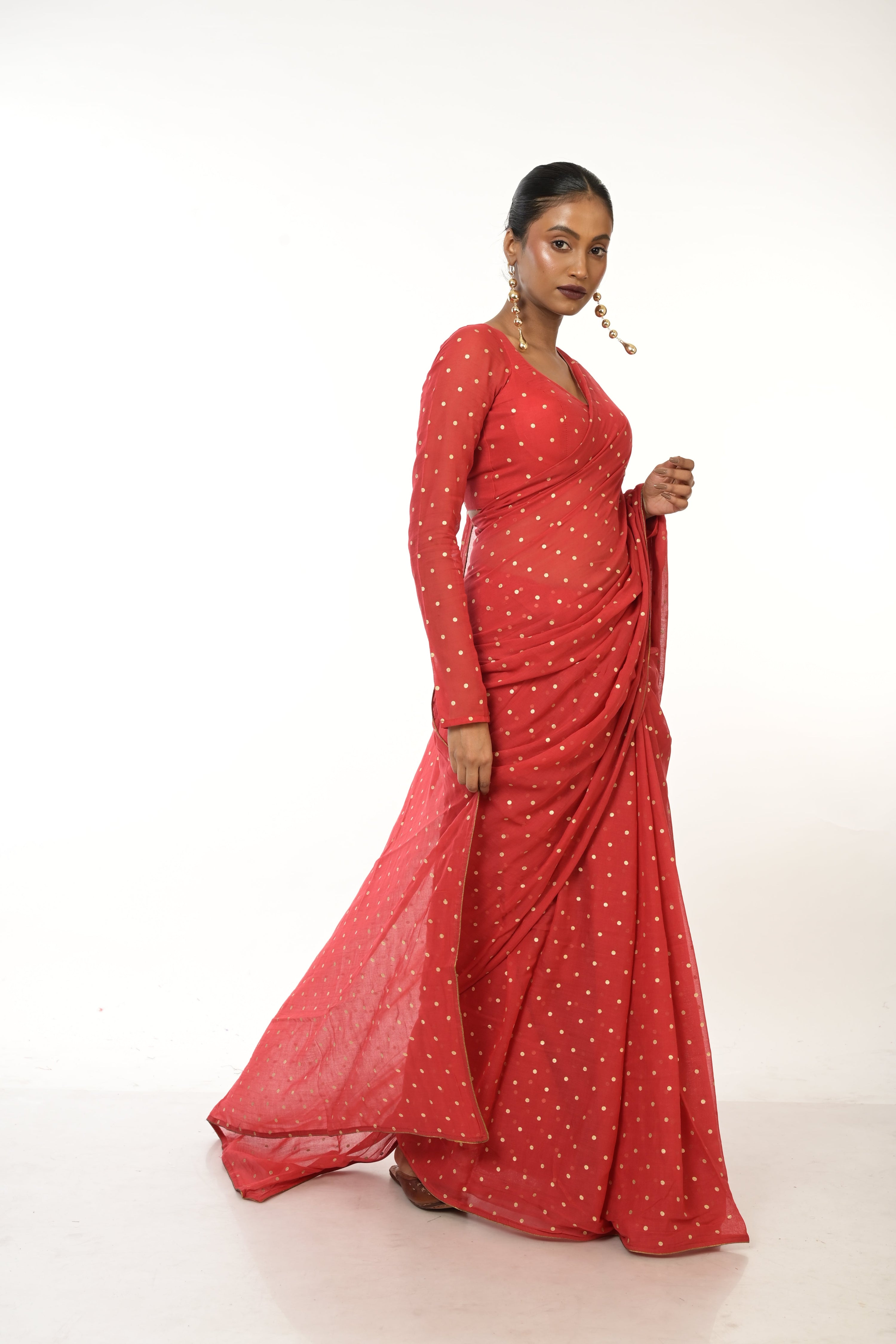 Scarlet Bloom I Red Handloom Mul Cotton Metallic Polka Dotted Saree