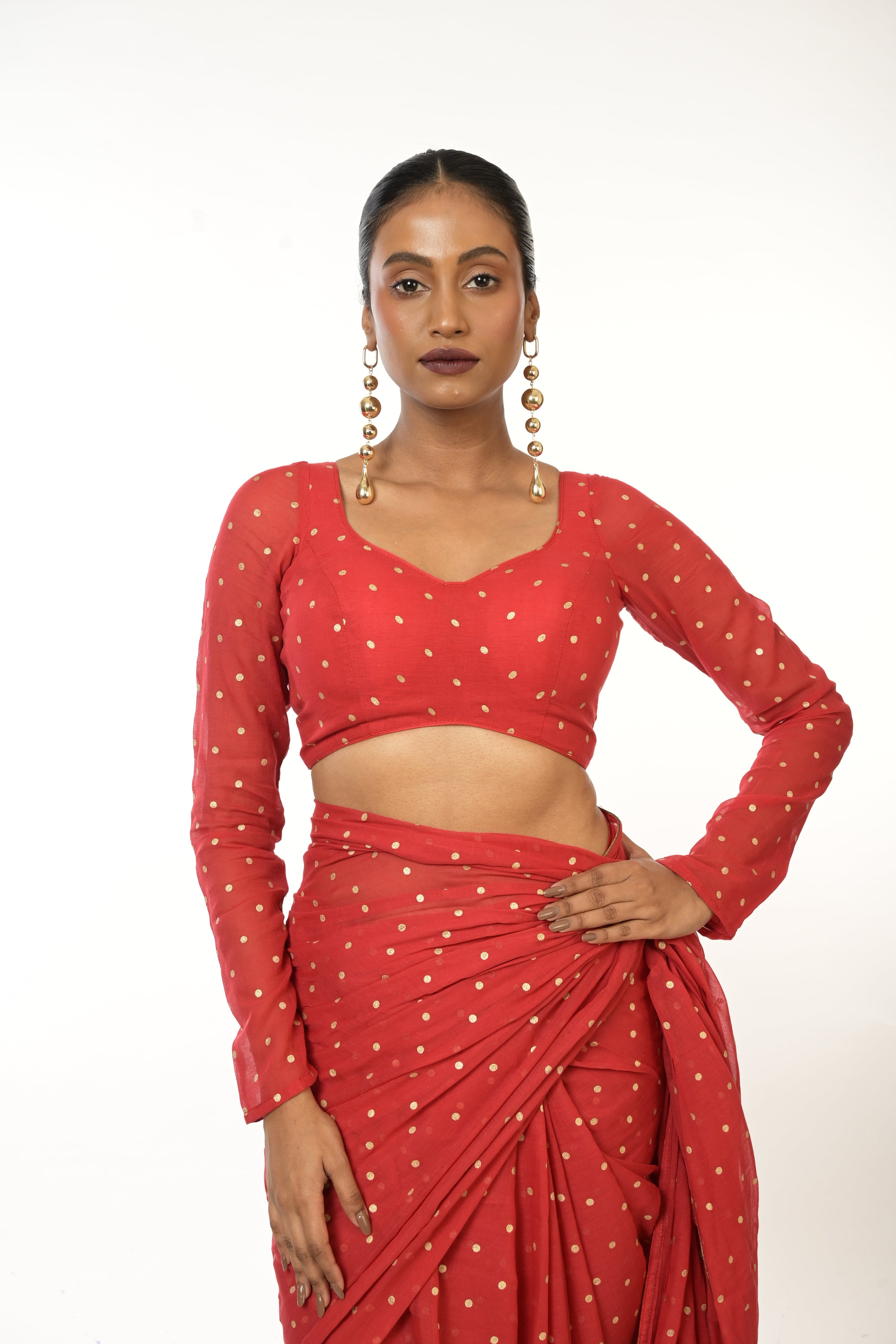 Scarlet Polka Bliss I Red Handloom Mul Cotton Metallic Polka Dotted Designer Blouse