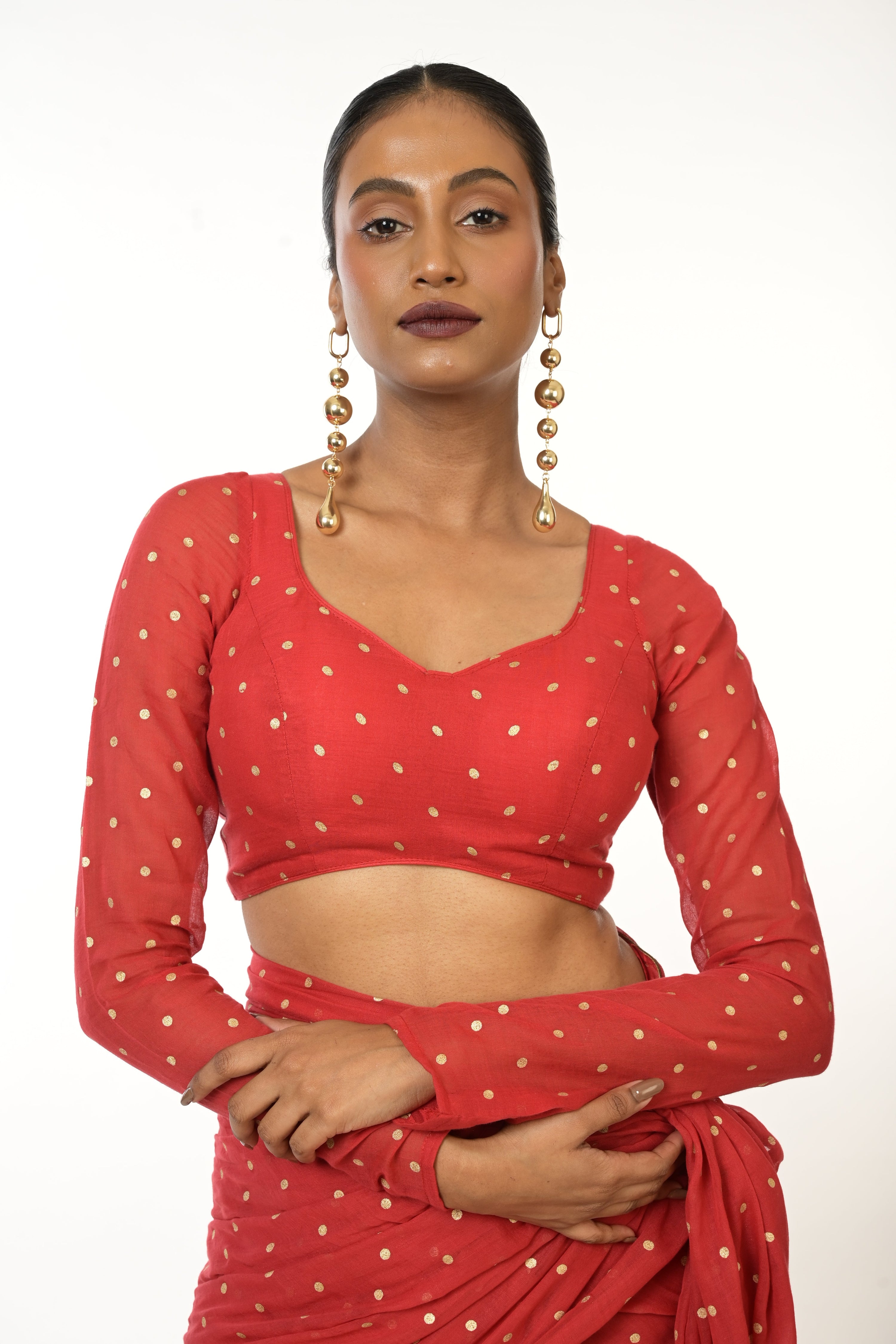 Scarlet Polka Bliss I Red Handloom Mul Cotton Metallic Polka Dotted Designer Blouse