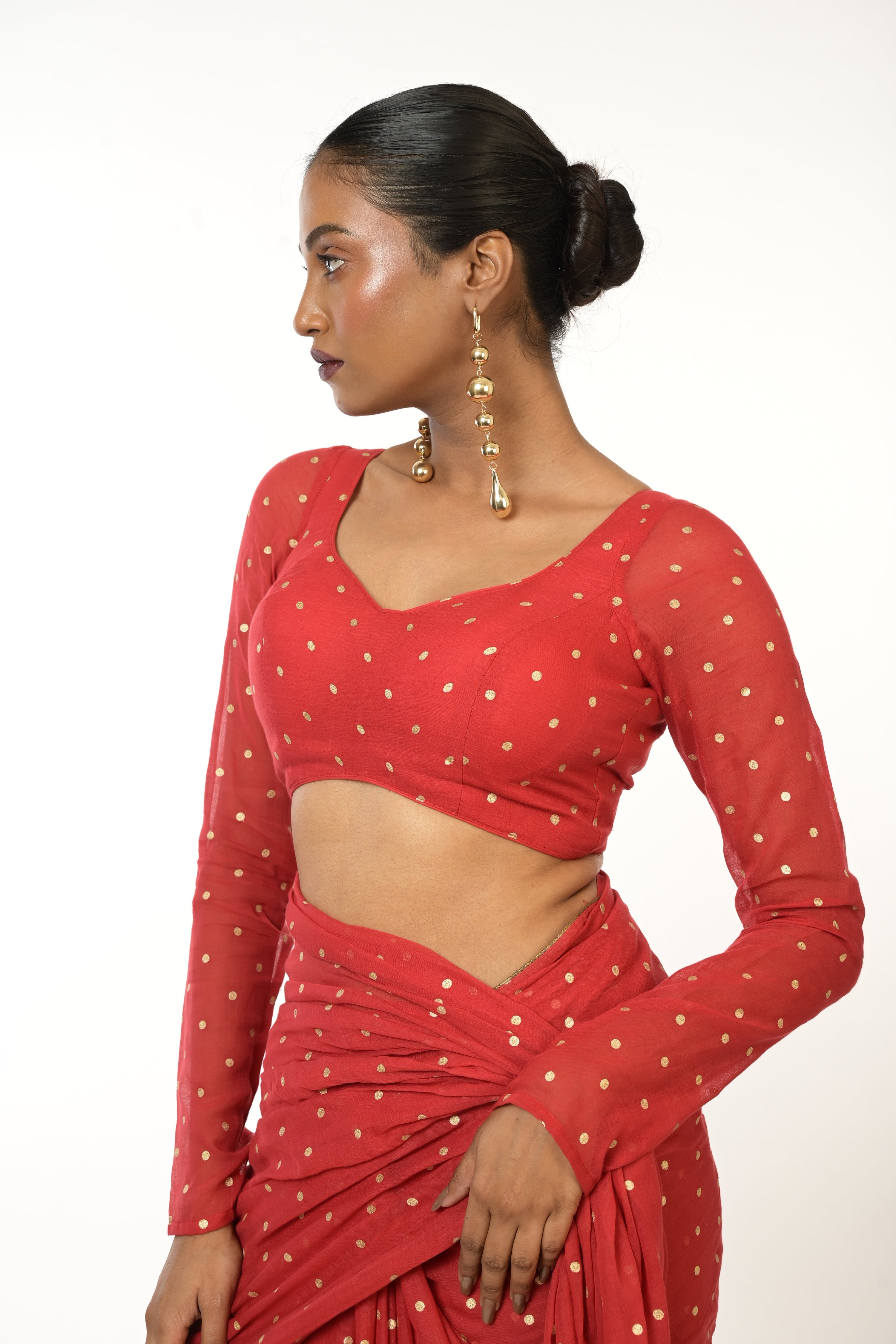 Scarlet Polka Bliss I Red Handloom Mul Cotton Metallic Polka Dotted Designer Blouse