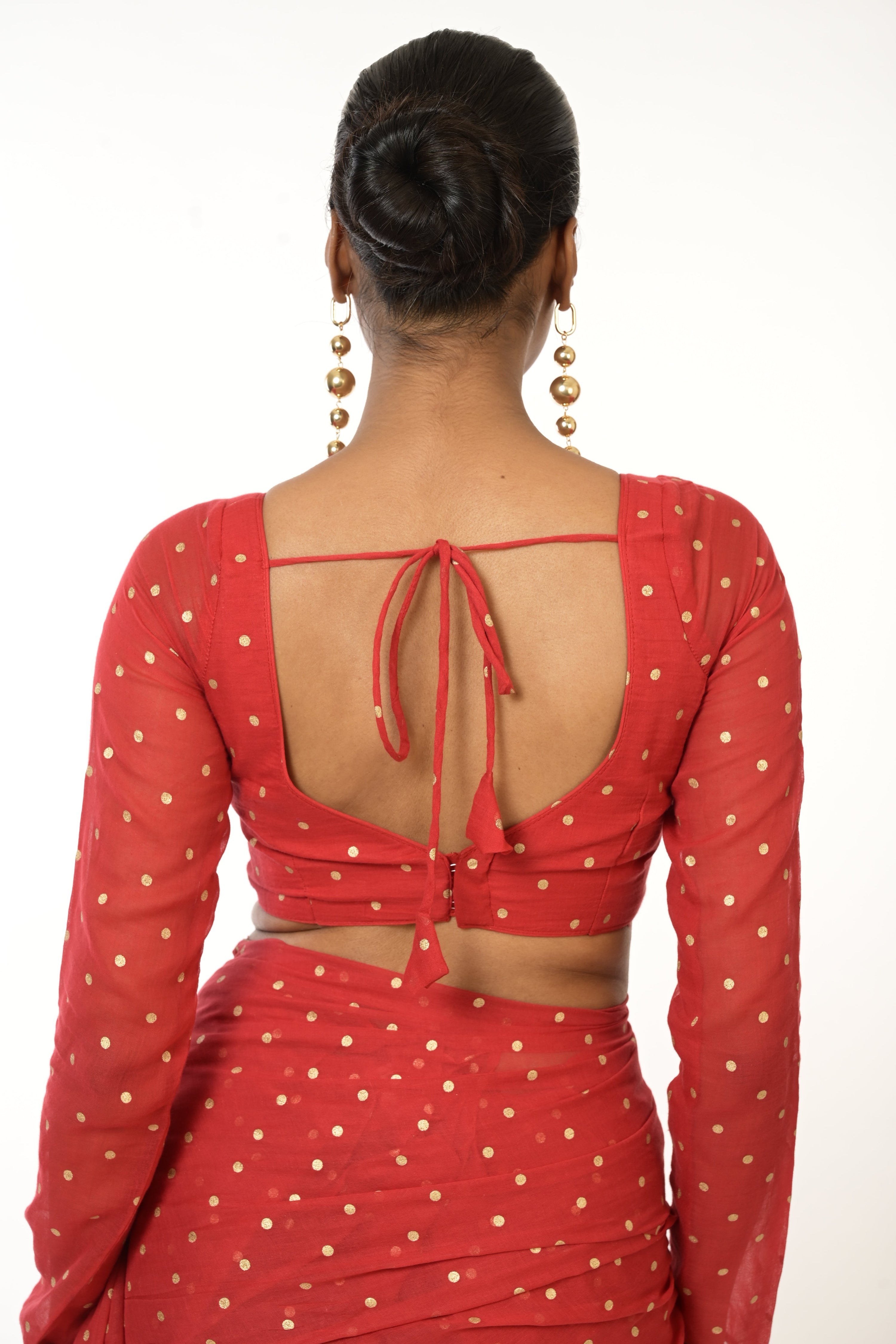 Scarlet Polka Bliss I Red Handloom Mul Cotton Metallic Polka Dotted Designer Blouse