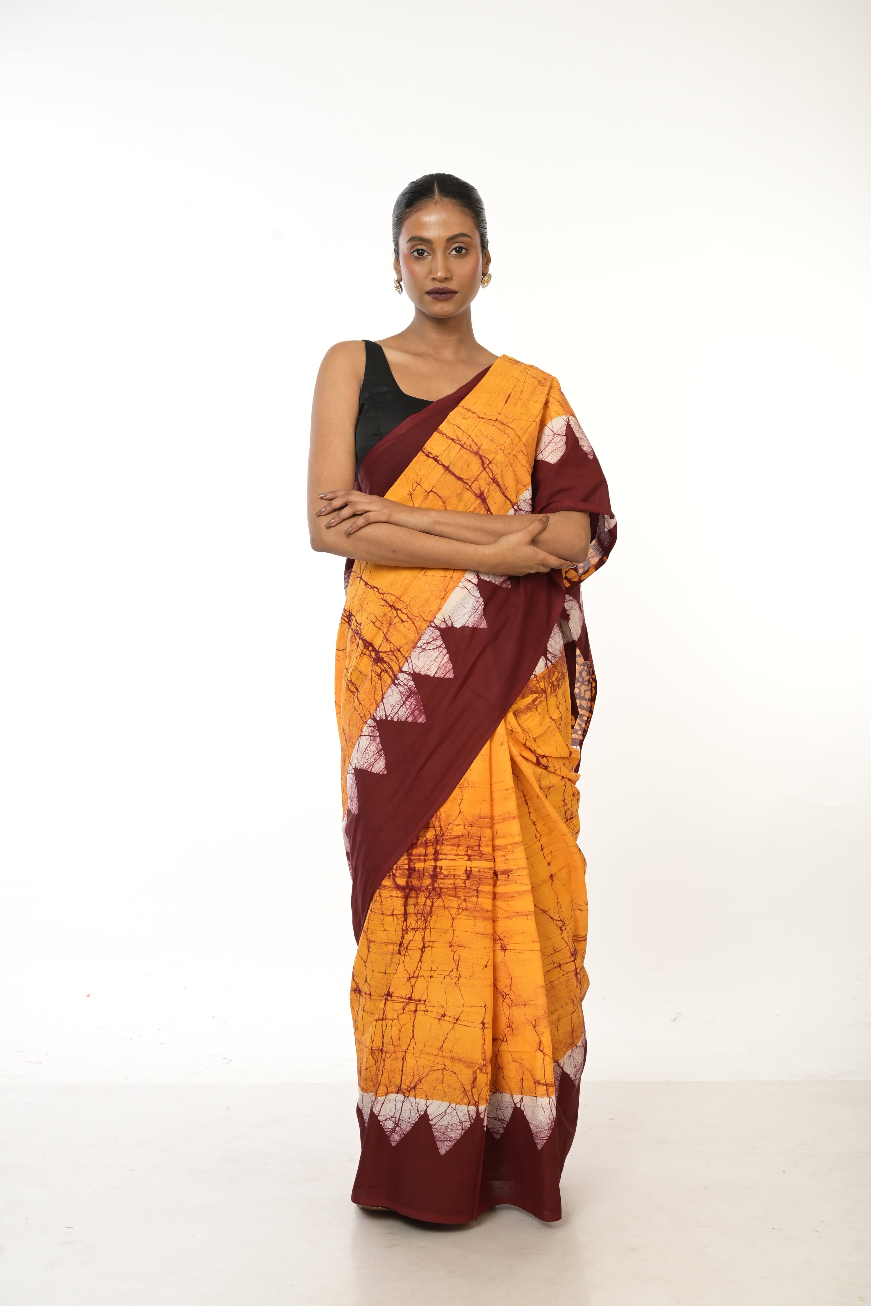 Dishani I Golden Yellow Handloom Batik Printed saree with maroon border