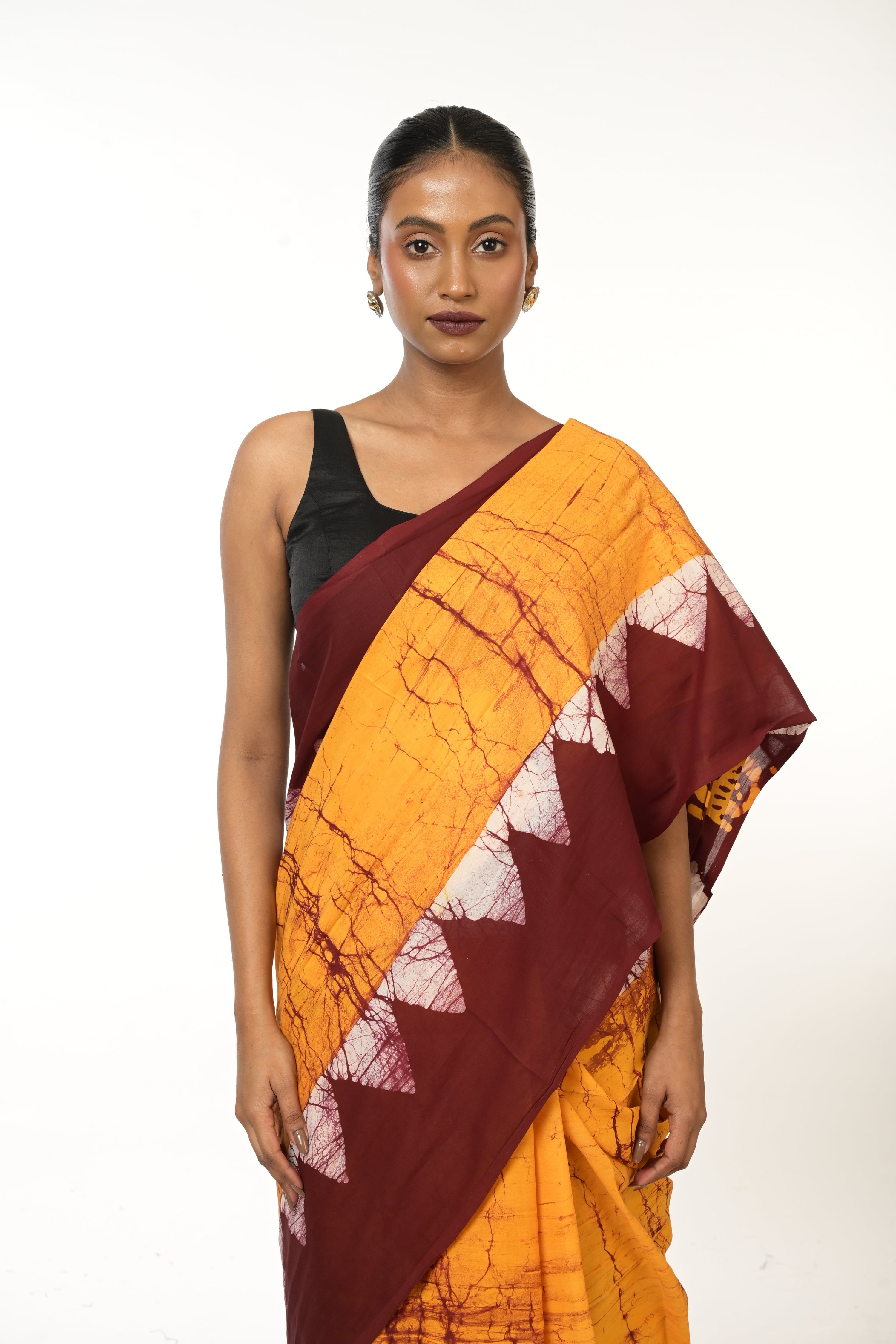 Dishani I Golden Yellow Handloom Batik Printed saree with maroon border