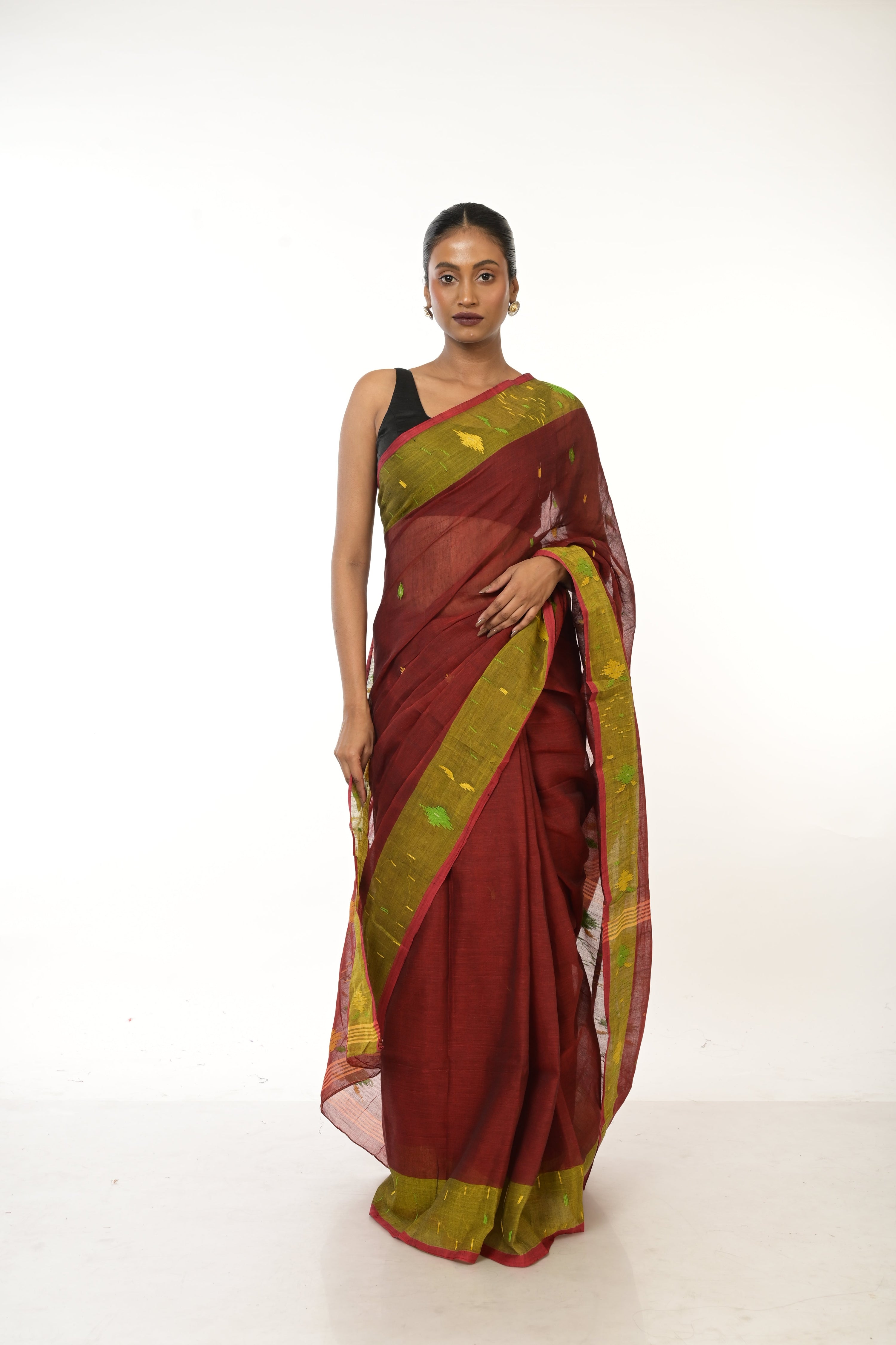 Raag Baageshri I Maroon Handwonen Cotton Jamdani Saree