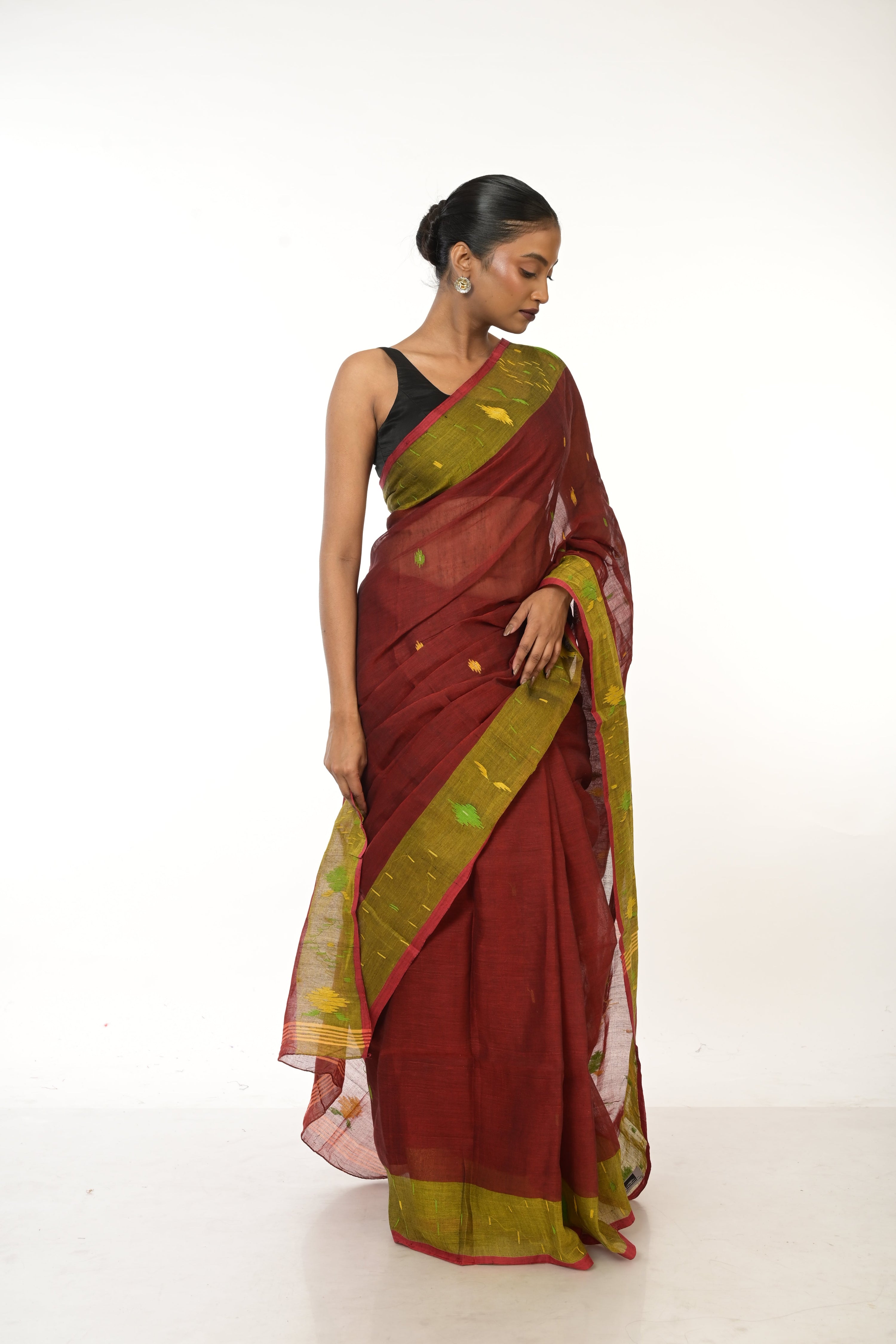 Raag Baageshri I Maroon Handwonen Cotton Jamdani Saree