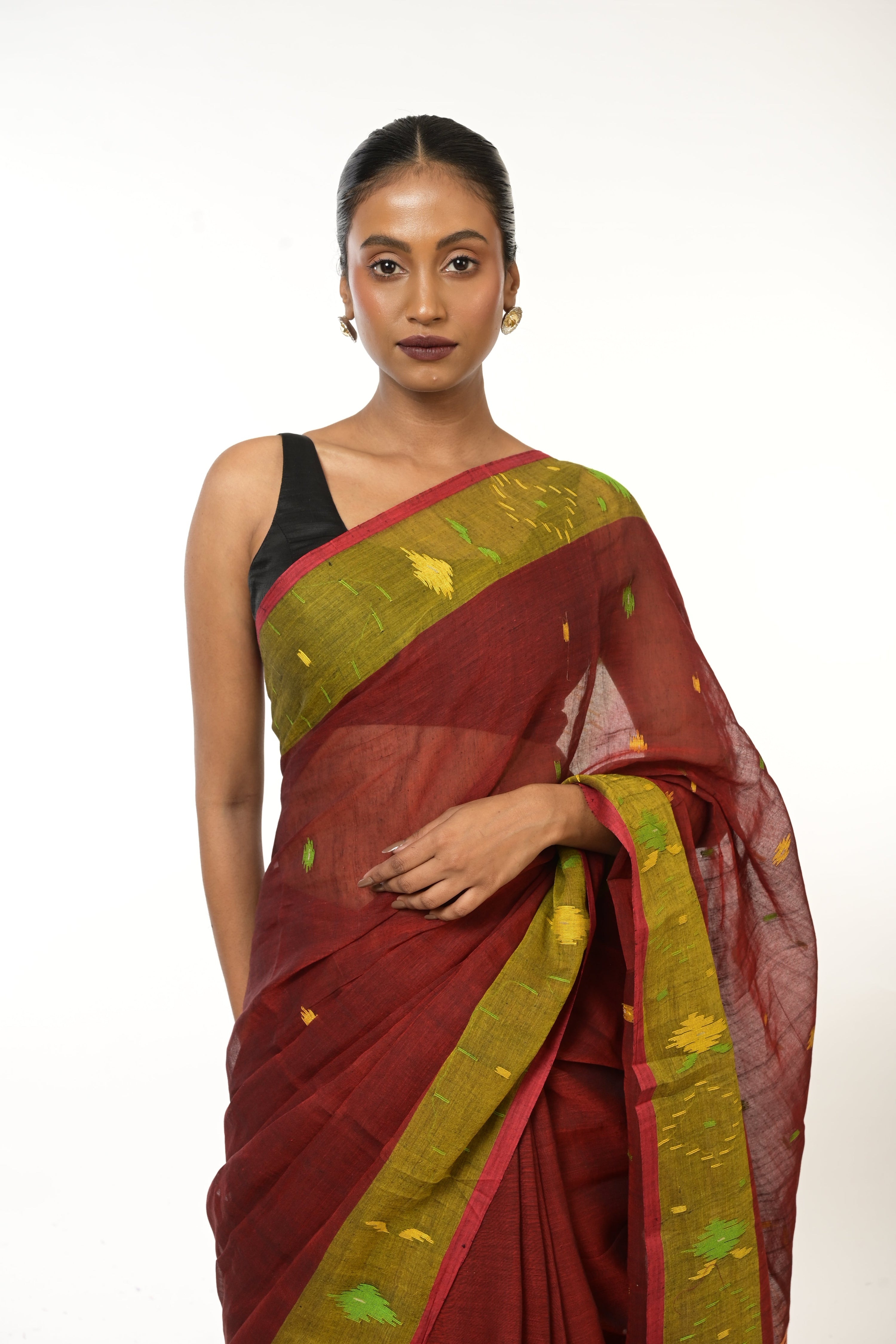 Raag Baageshri I Maroon Handwonen Cotton Jamdani Saree