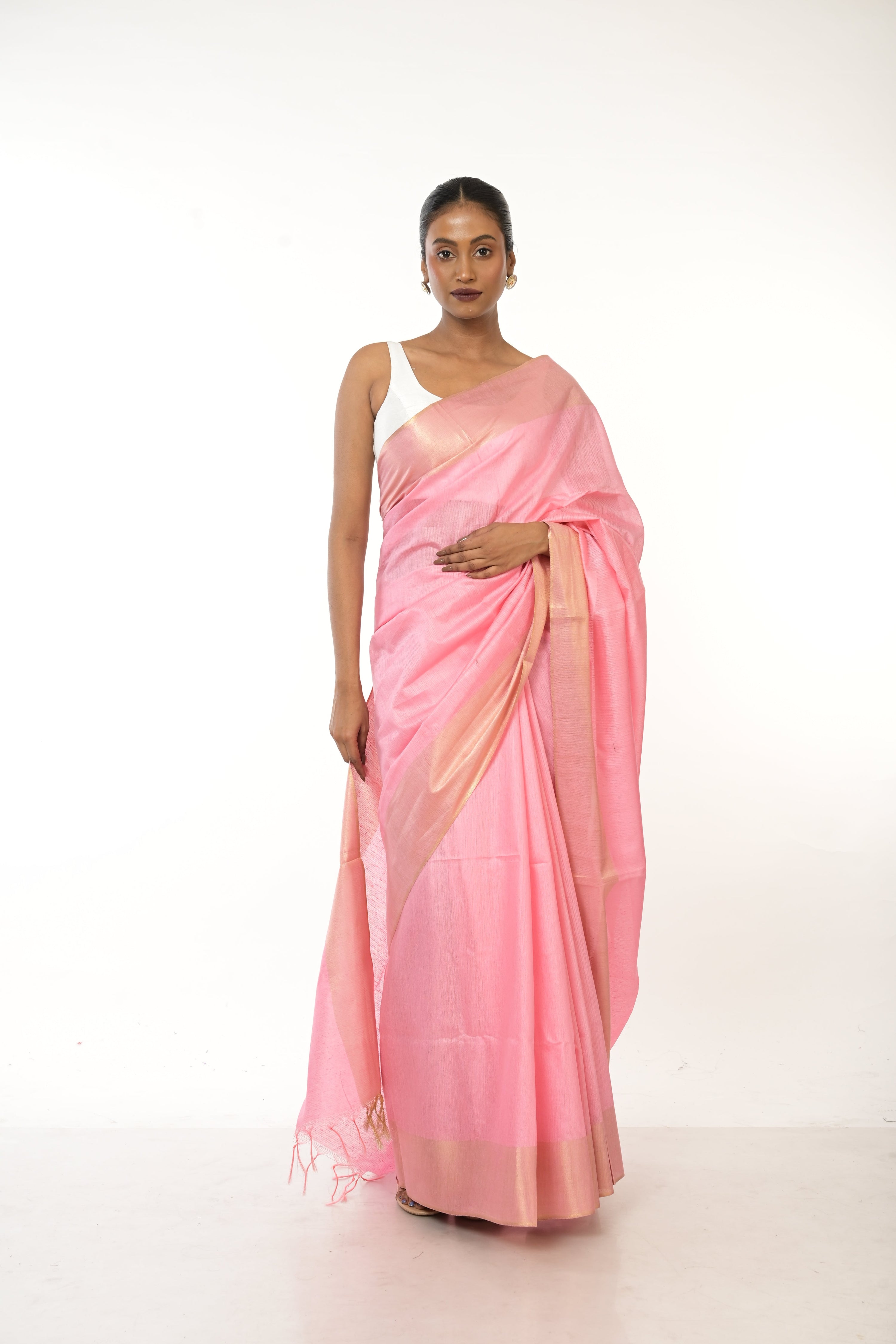 Peach Moonlight I Handloom pink cotton silk saree with woven gold border