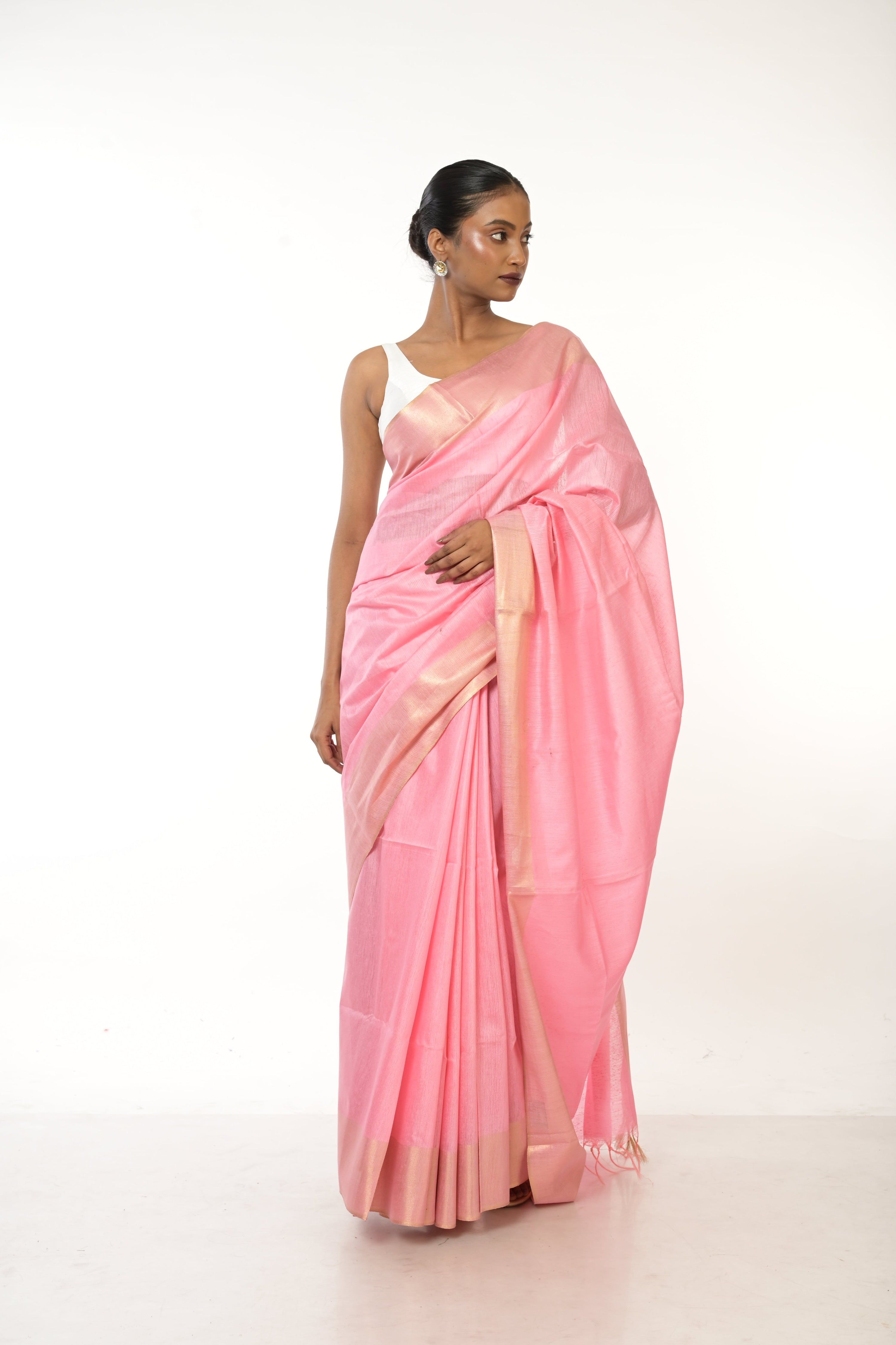 Peach Moonlight I Handloom pink cotton silk saree with woven gold border