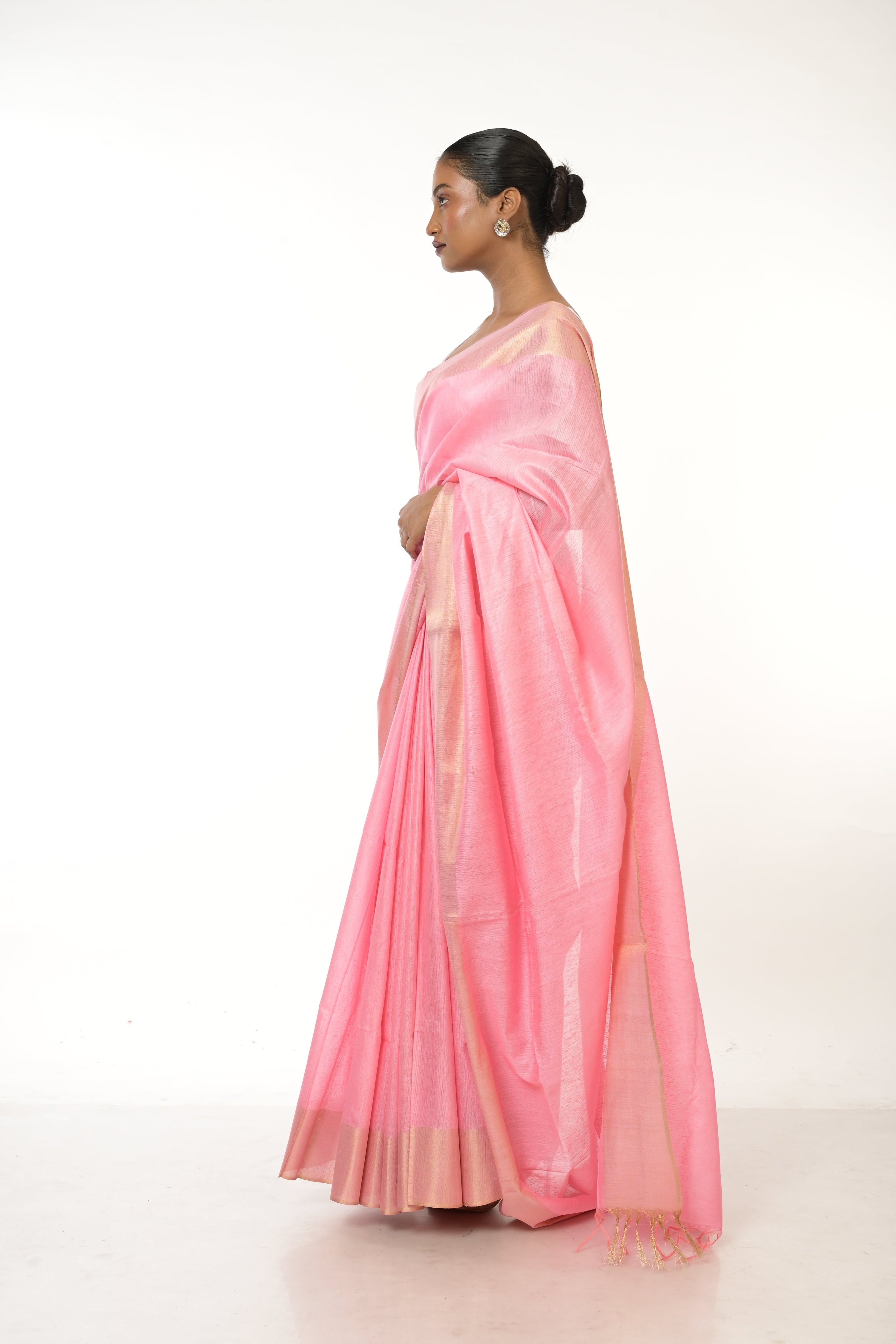 Peach Moonlight I Handloom pink cotton silk saree with woven gold border