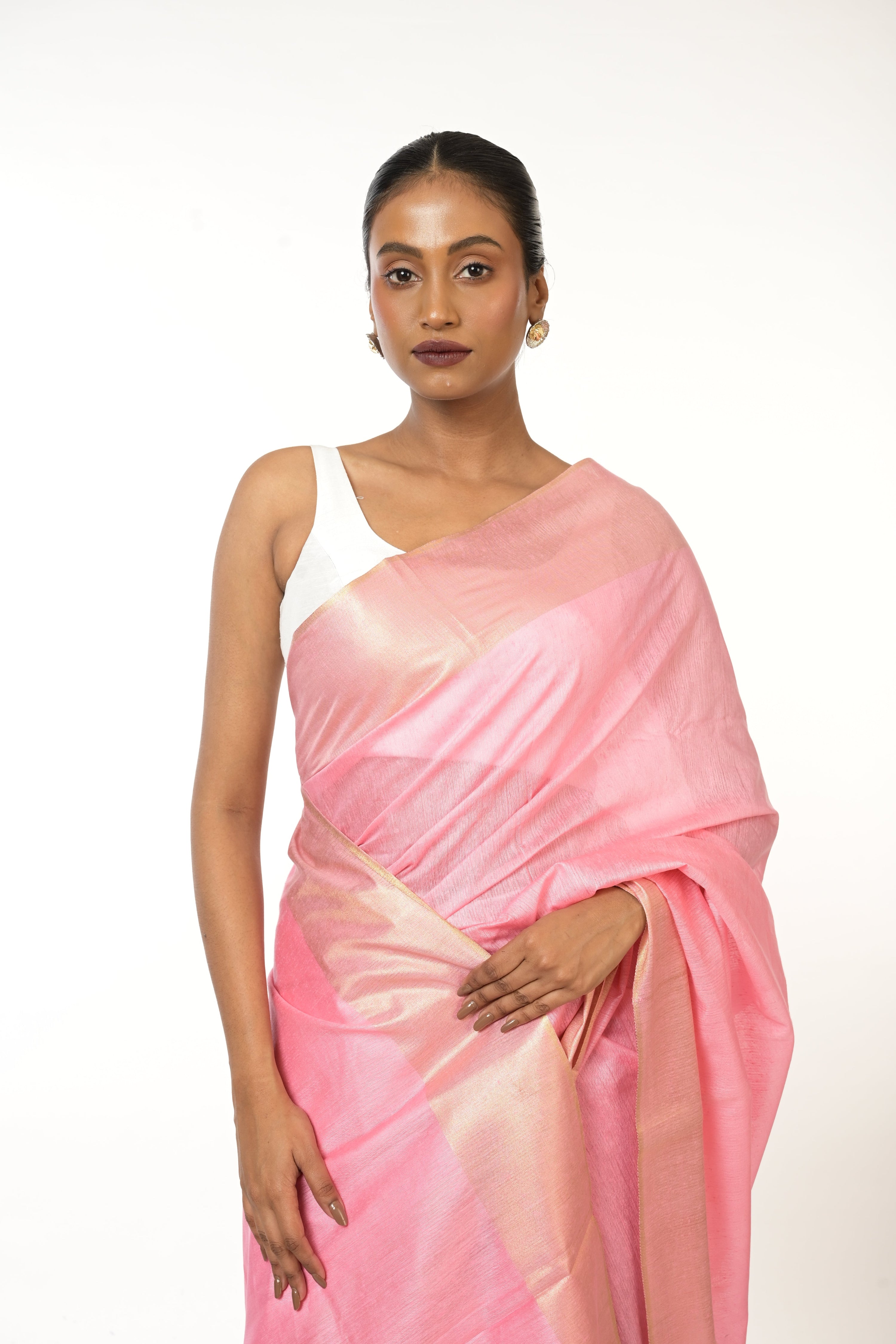 Peach Moonlight I Handloom pink cotton silk saree with woven gold border