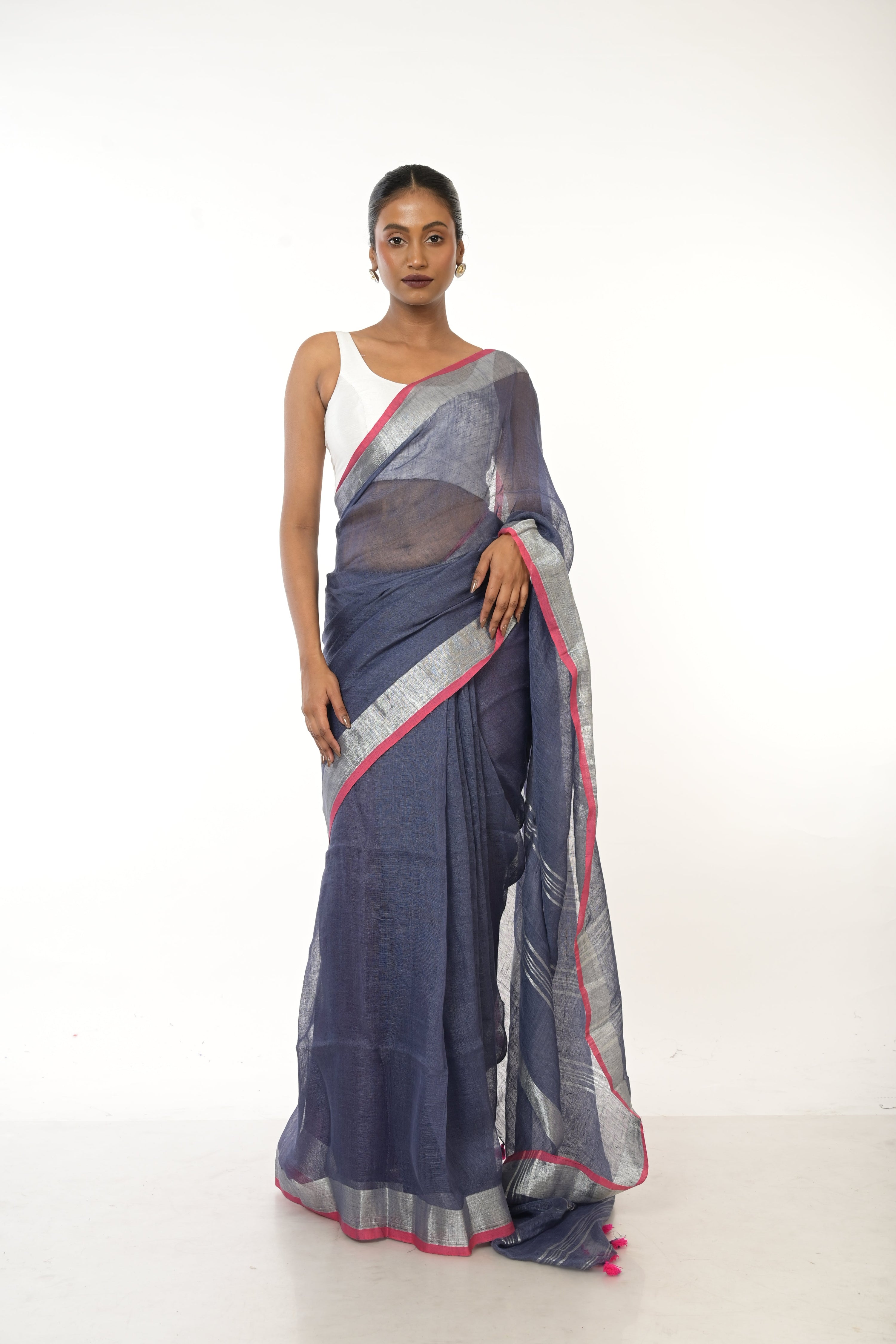 Jaamuni Leher I Handwoven Purple Linen Saree with Silver and pink border