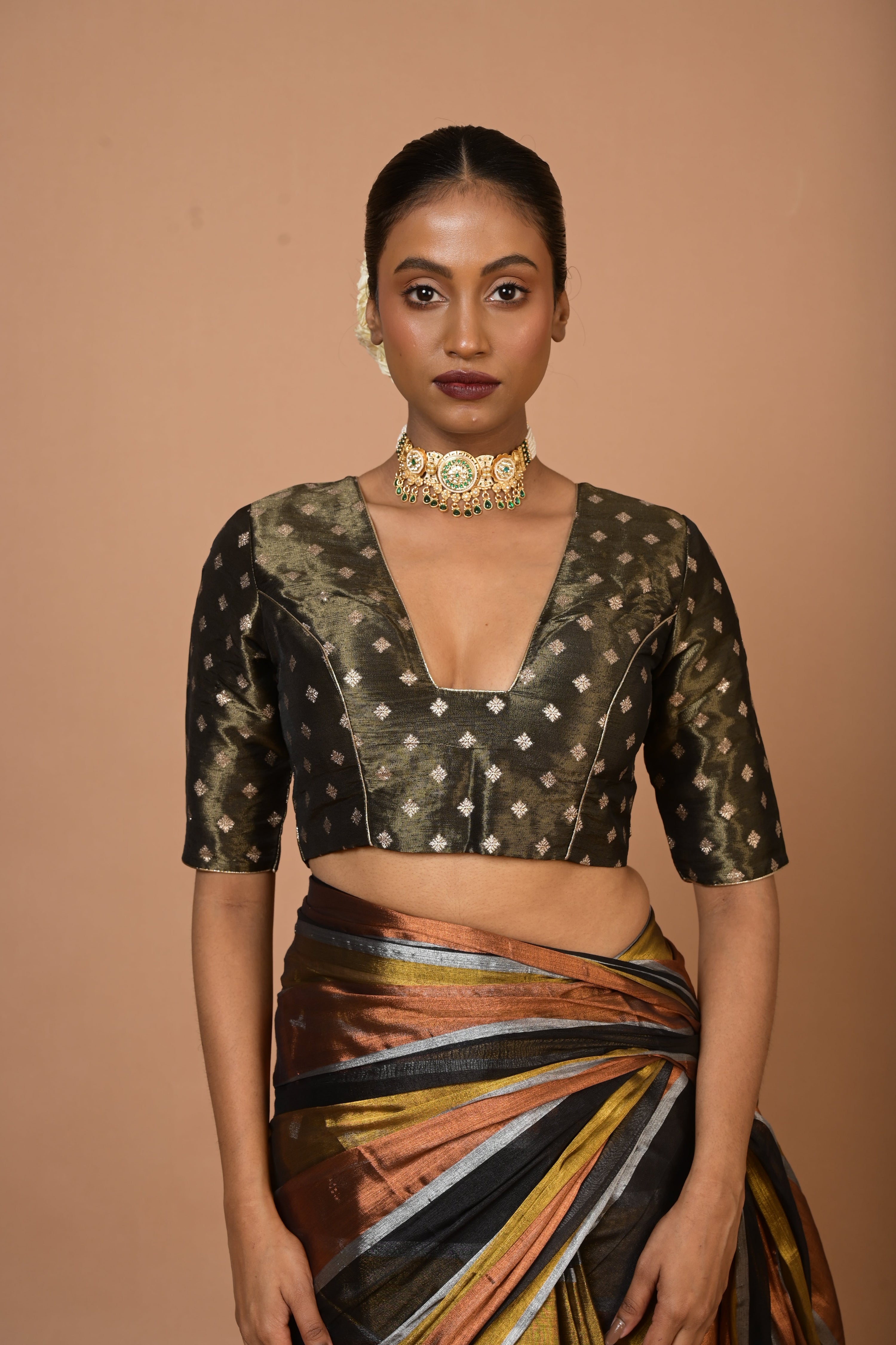 Multicoloured Handloom Tissue Saree with Ready to Wear Black Brocade Blouse Combo(Suprabha+Swarnika)