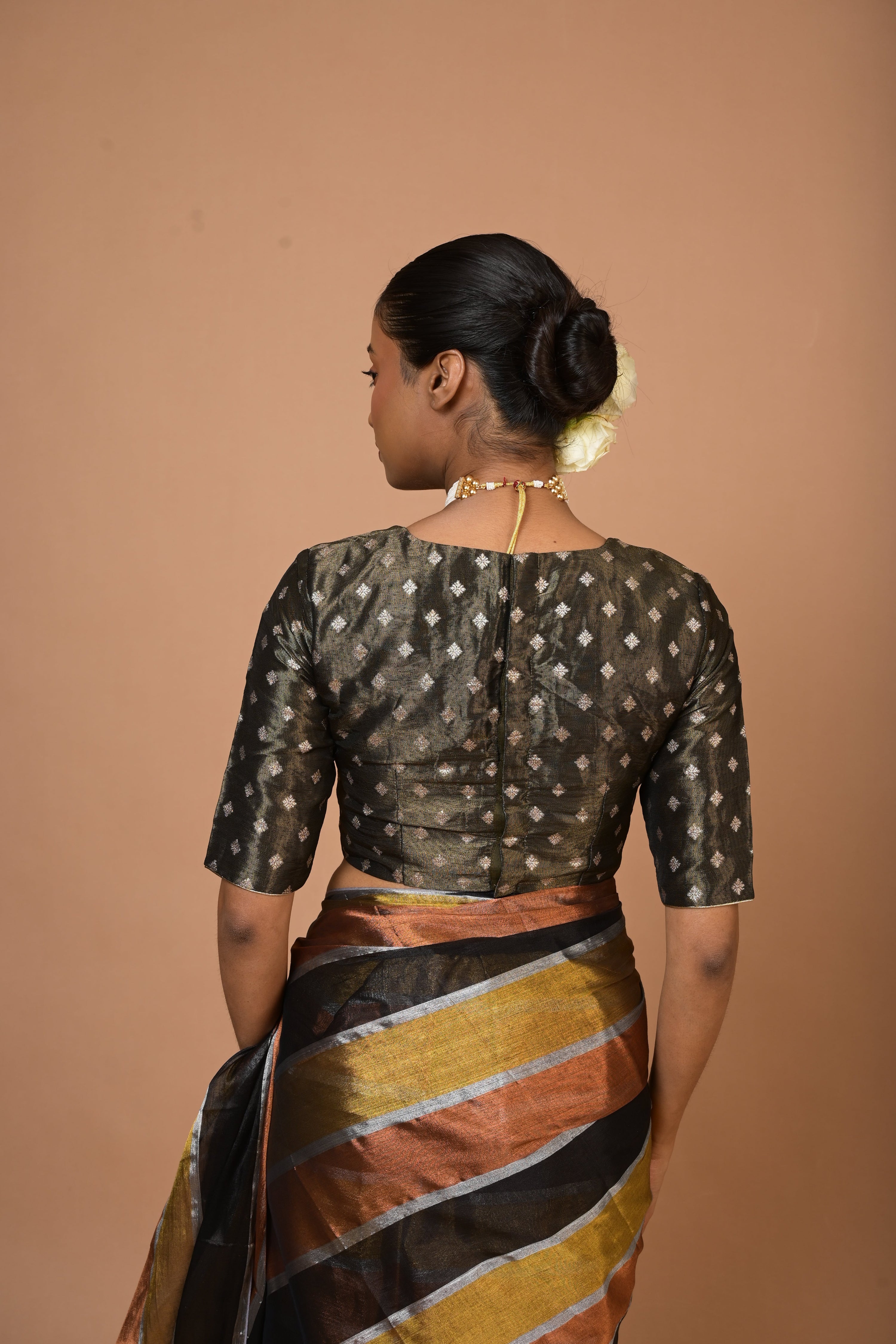 Multicoloured Handloom Tissue Saree with Ready to Wear Black Brocade Blouse Combo(Suprabha+Swarnika)