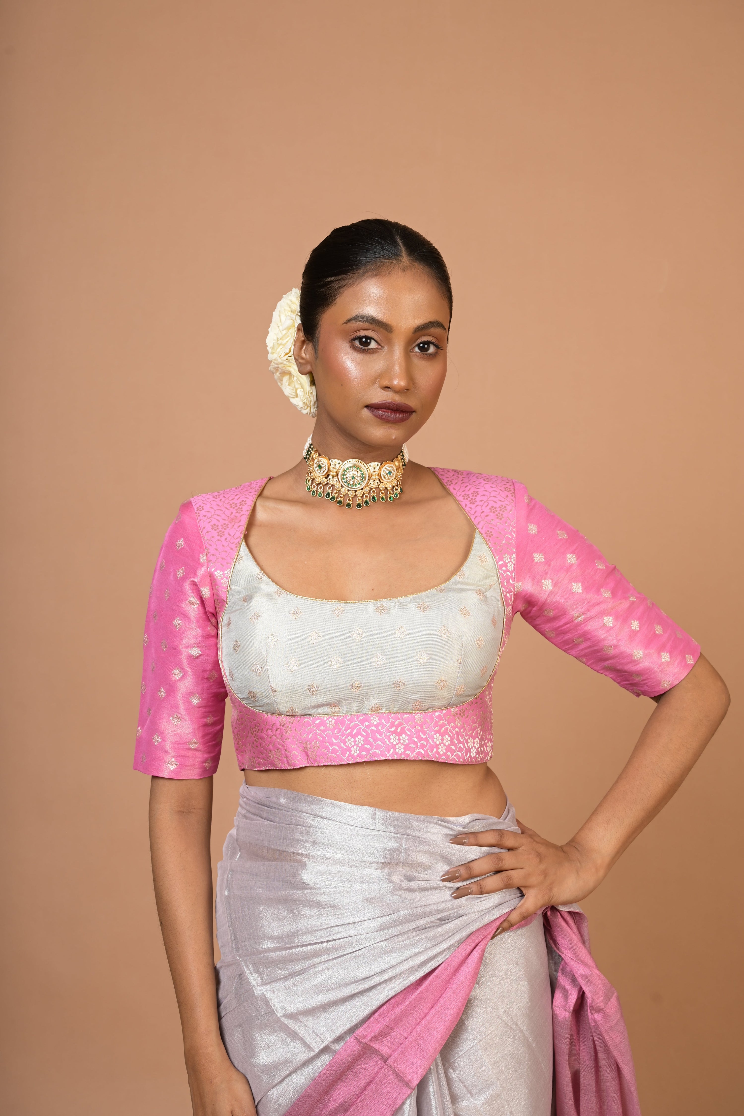 Silver and Pink Handloom Tissue Saree with Ready to Wear White and Pink Brocade Blouse Combo(Sugandha+Chandrika)