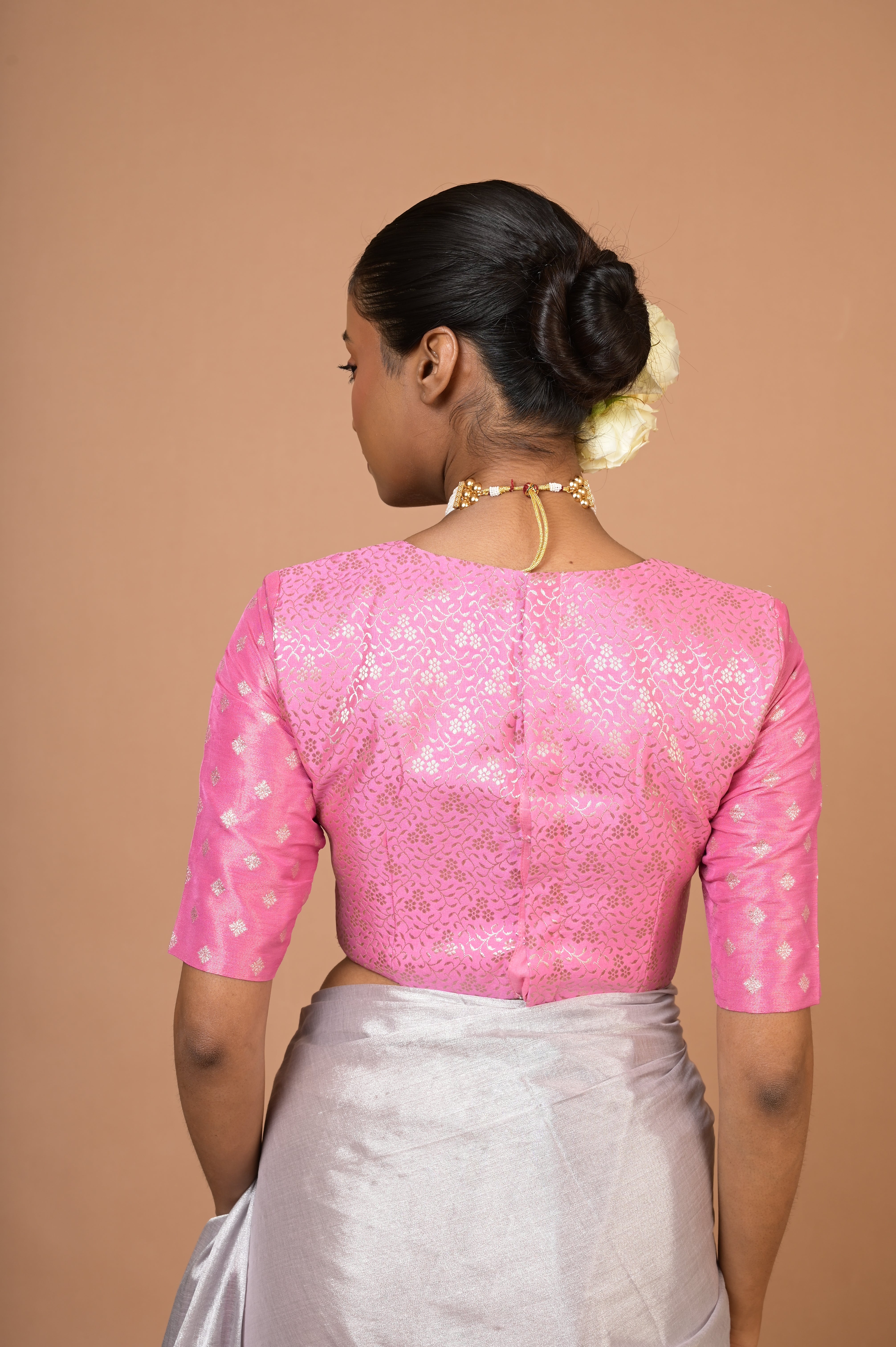 Chandrika I White and Pink Brocade Blouse with Scoop Neckline