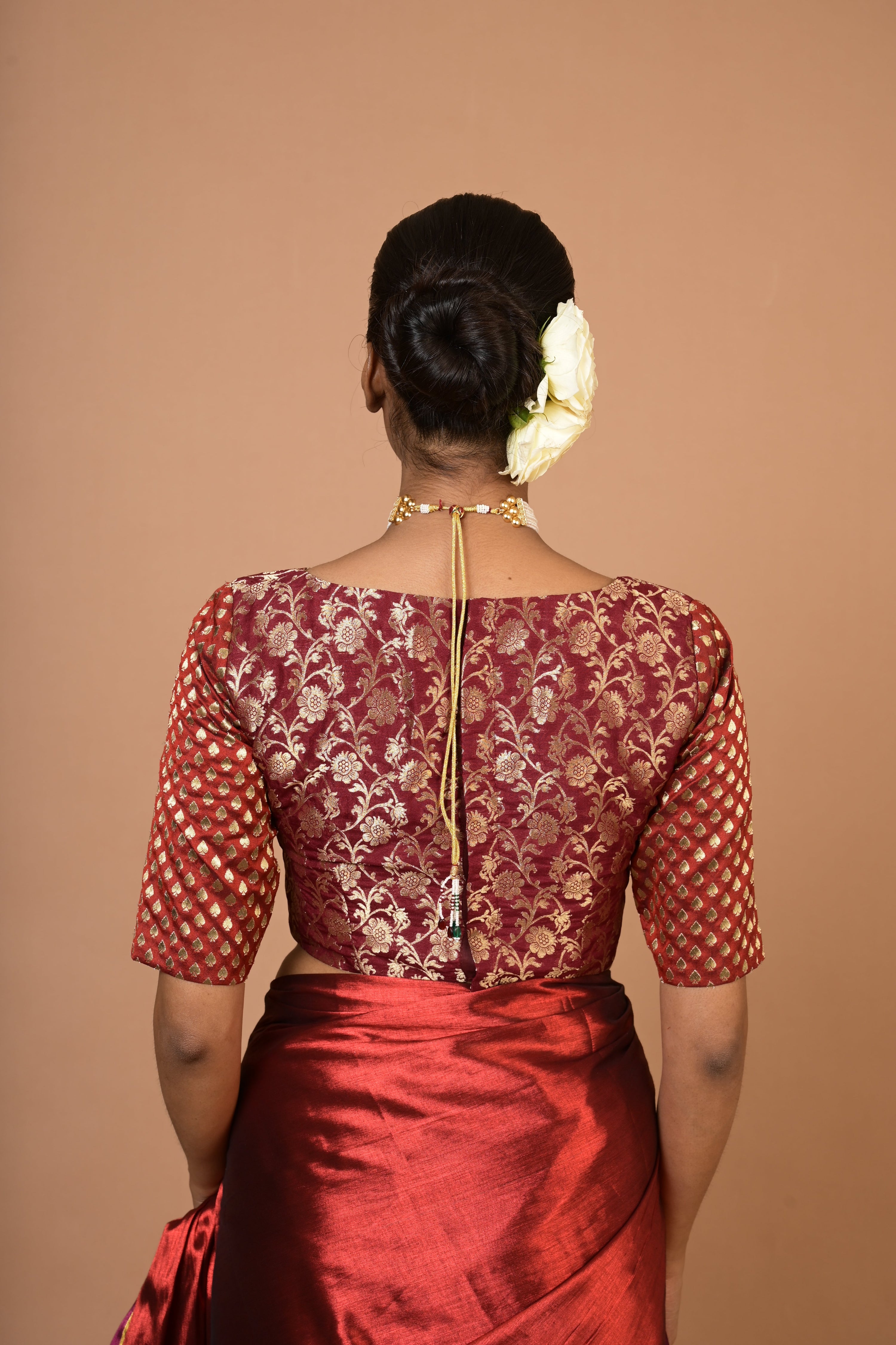 Red and Purple Handloom Tissue Saree with Ready to Wear Red and Purple Brocade Blouse Combo(Navya+Anuraagini)